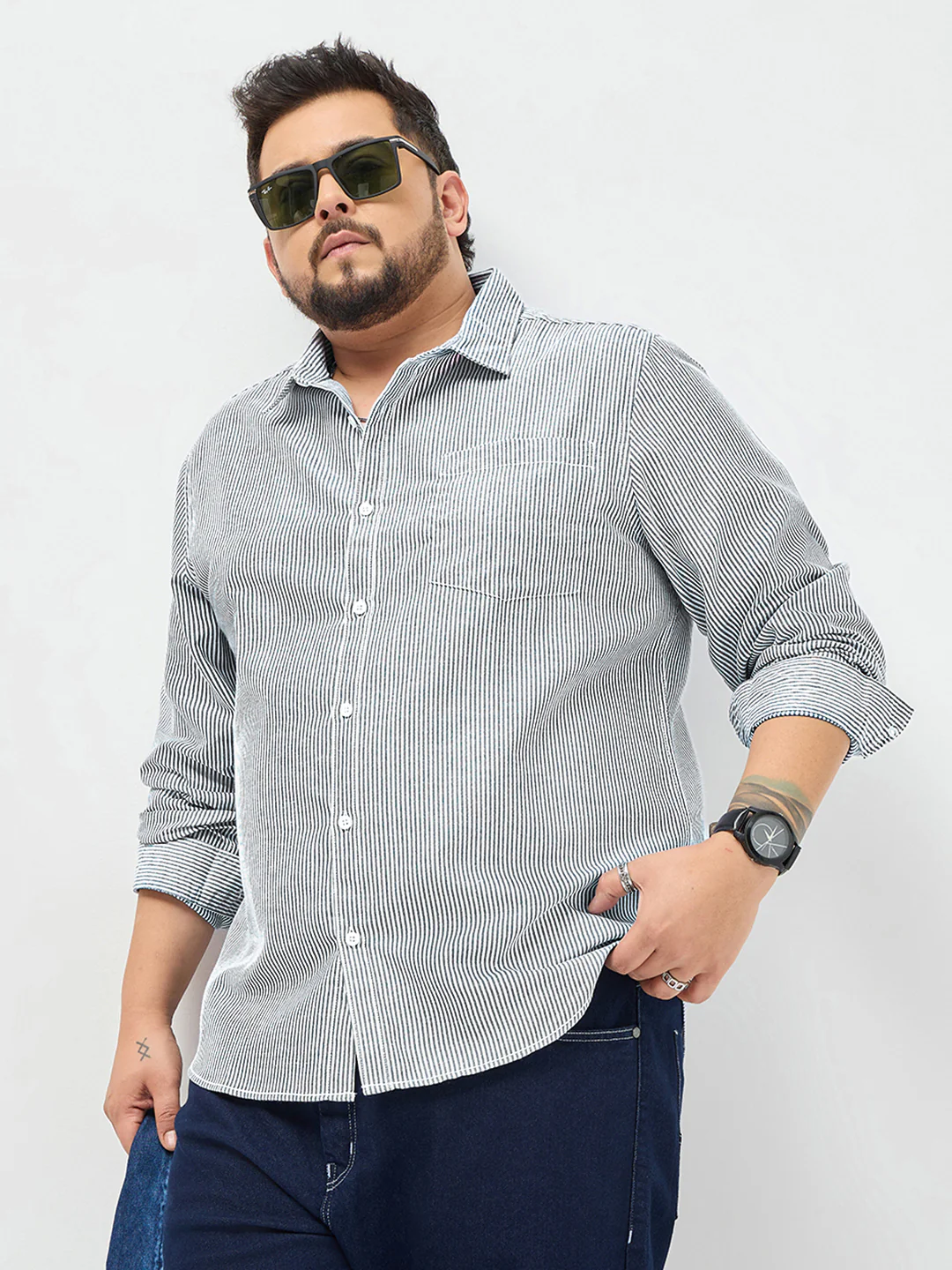 Plus Men's Dark Blue Cotton Full Sleeve Regular Fit Casual Striped Shirt - Image 2