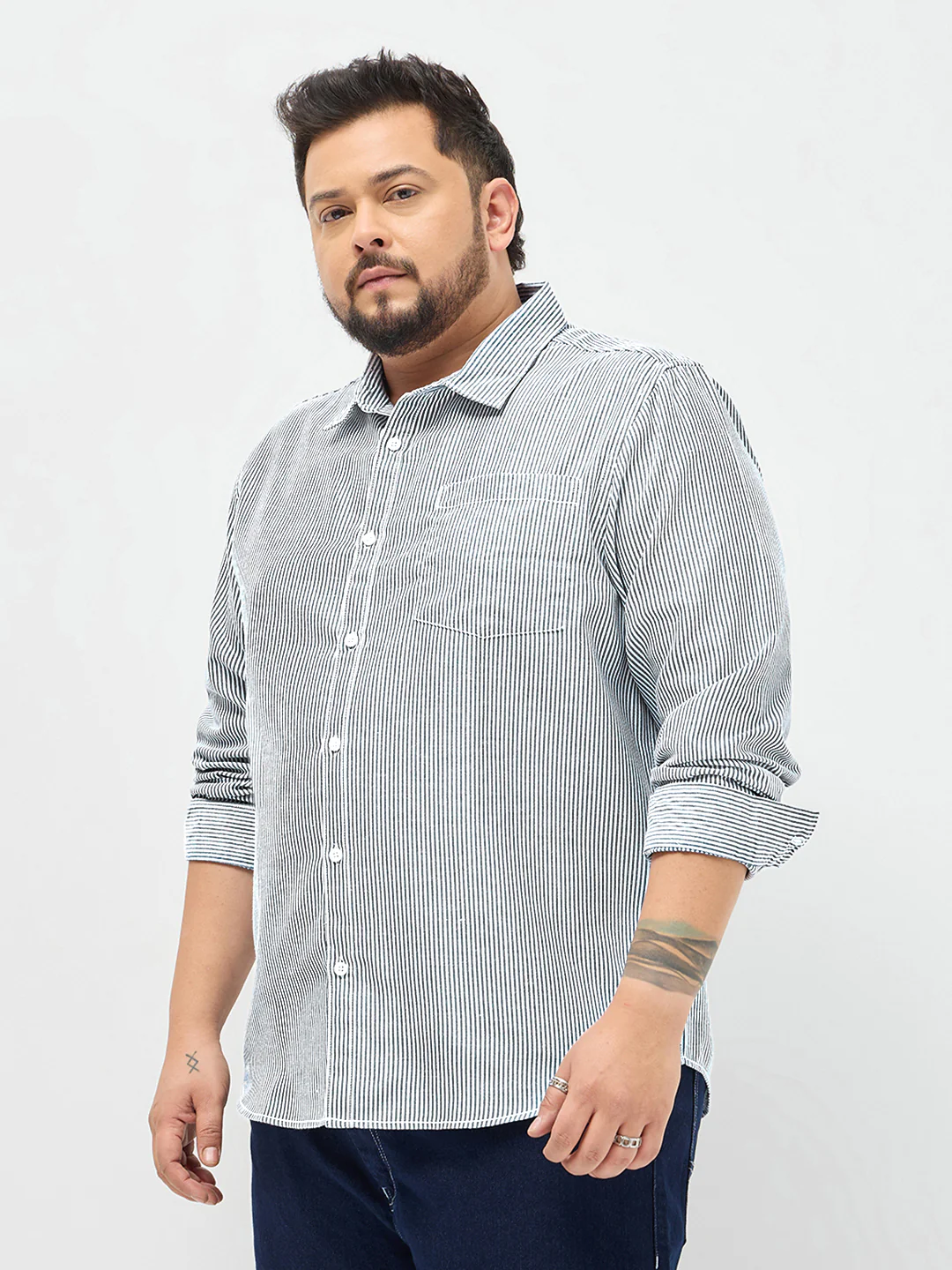 Plus Men's Dark Blue Cotton Full Sleeve Regular Fit Casual Striped Shirt - Image 3