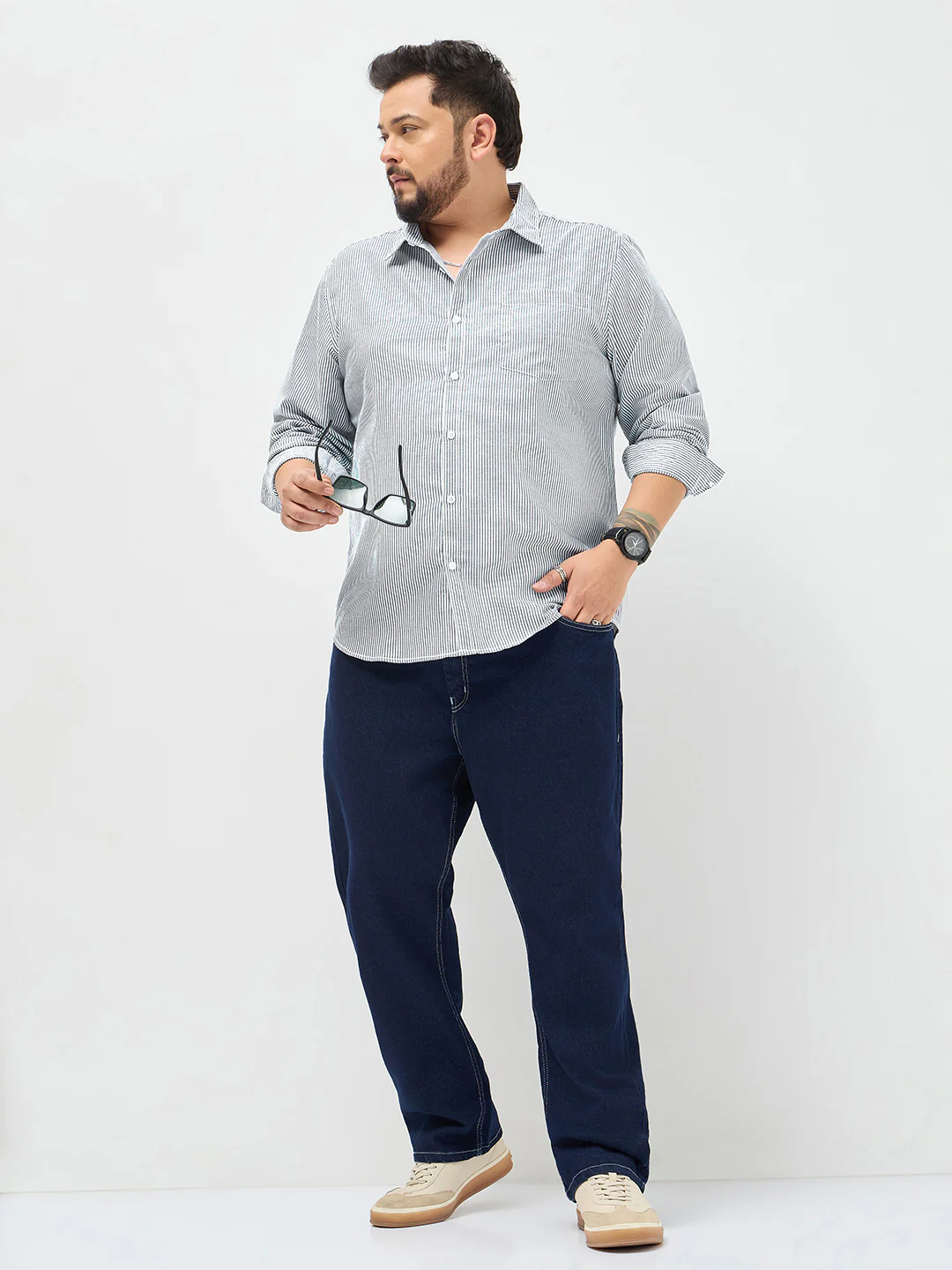 Plus Men's Dark Blue Cotton Full Sleeve Regular Fit Casual Striped Shirt - Image 5