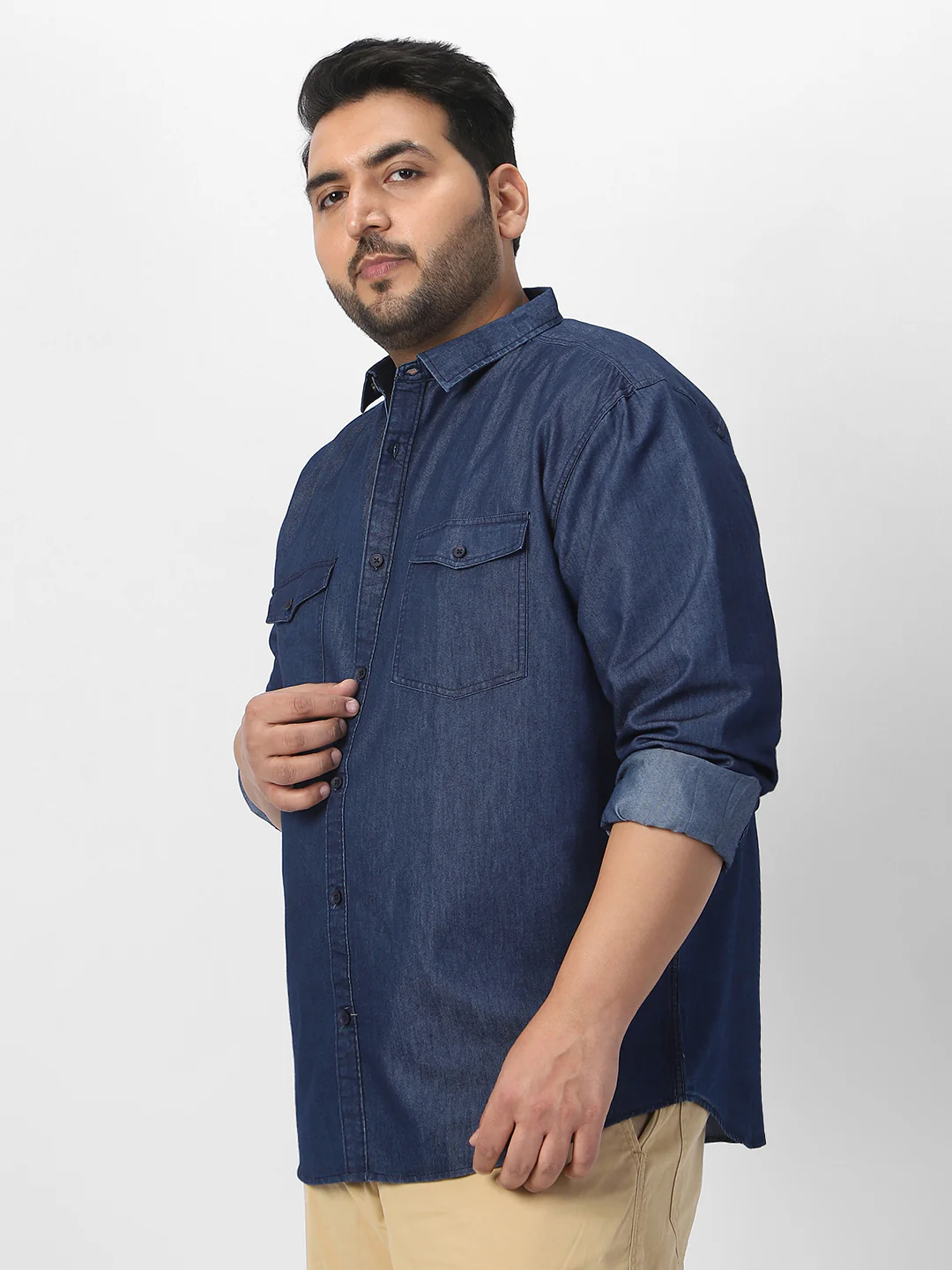 Plus Men's Dark Blue Full Sleeve Regular Fit Casual Denim Shirt - Image 3