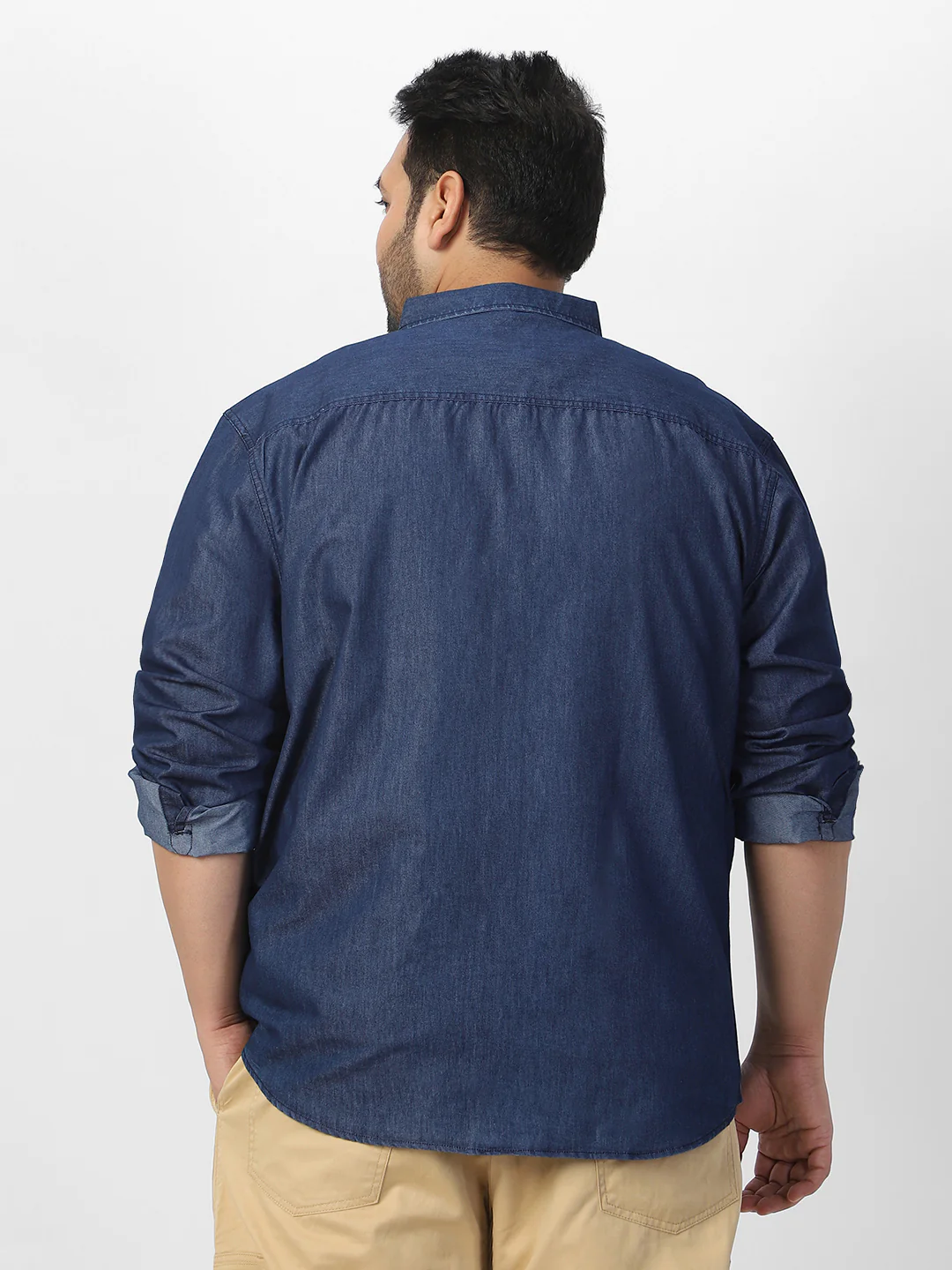 Plus Men's Dark Blue Full Sleeve Regular Fit Casual Denim Shirt - Image 4