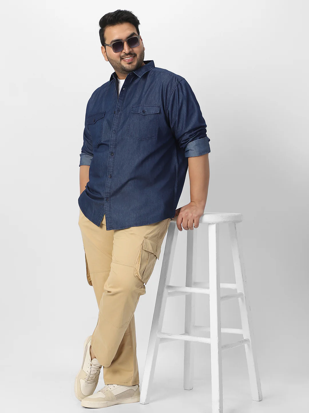 Plus Men's Dark Blue Full Sleeve Regular Fit Casual Denim Shirt - Image 5