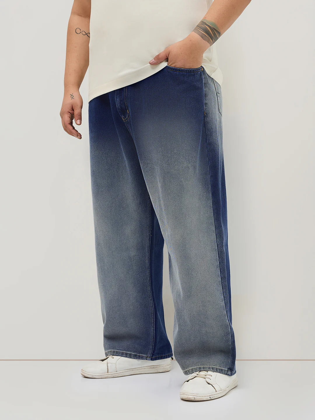 Plus Men's Dark Blue Loose Baggy Fit Heavy Washed Faded Denim Jeans Non-Stretchable - Image 2