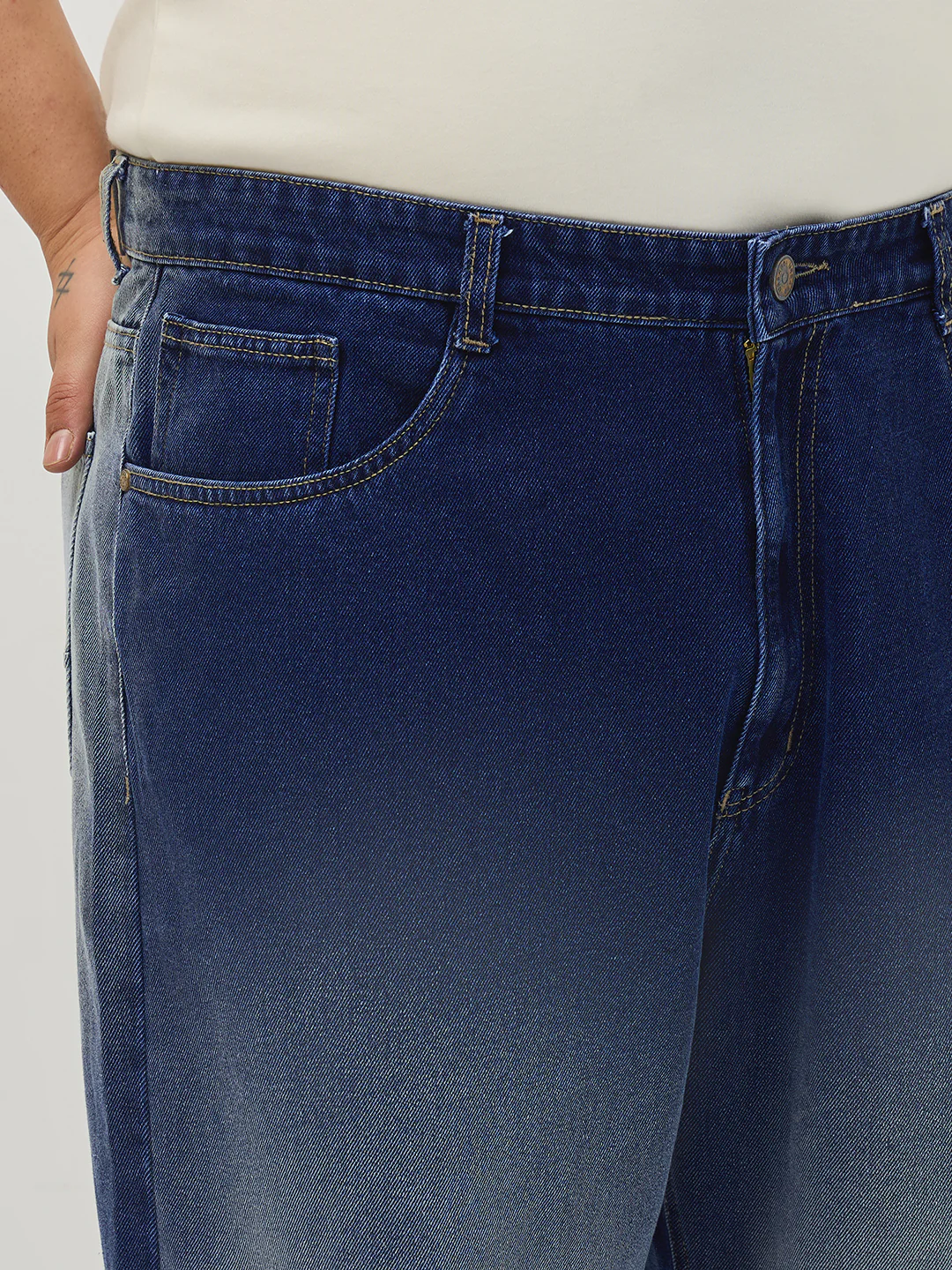 Plus Men's Dark Blue Loose Baggy Fit Heavy Washed Faded Denim Jeans Non-Stretchable - Image 5