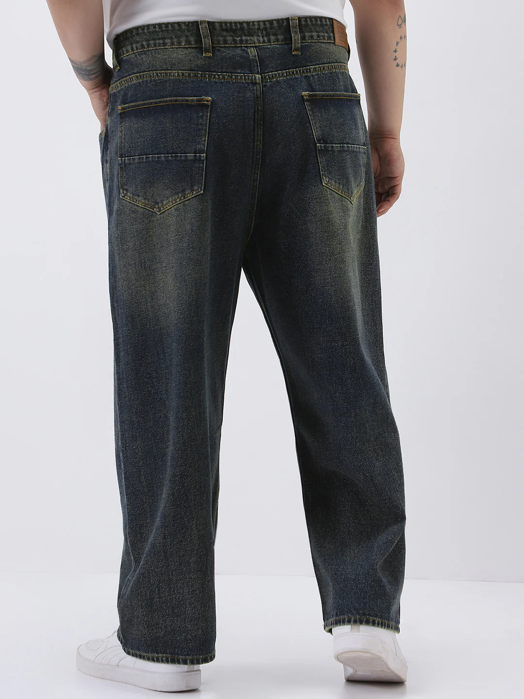 Plus Men's Dark Blue Loose Baggy Fit Heavy Washed Jeans Non-Stretchable - Image 3