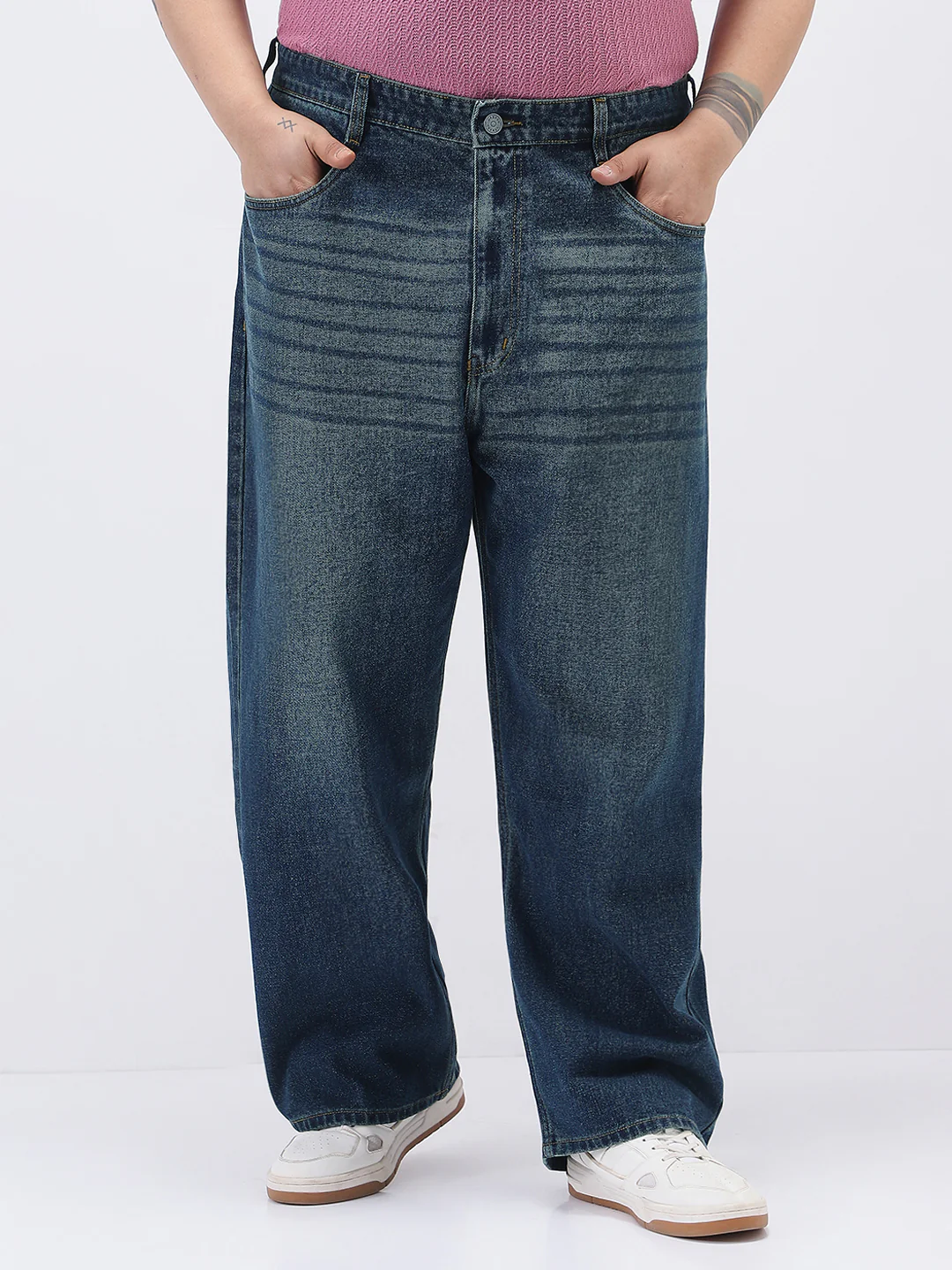 Plus Men's Dark Blue Loose Baggy Fit Heavy Washed Jeans Non-Stretchable