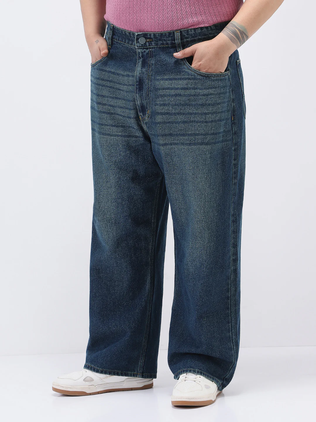 Plus Men's Dark Blue Loose Baggy Fit Heavy Washed Jeans Non-Stretchable - Image 2
