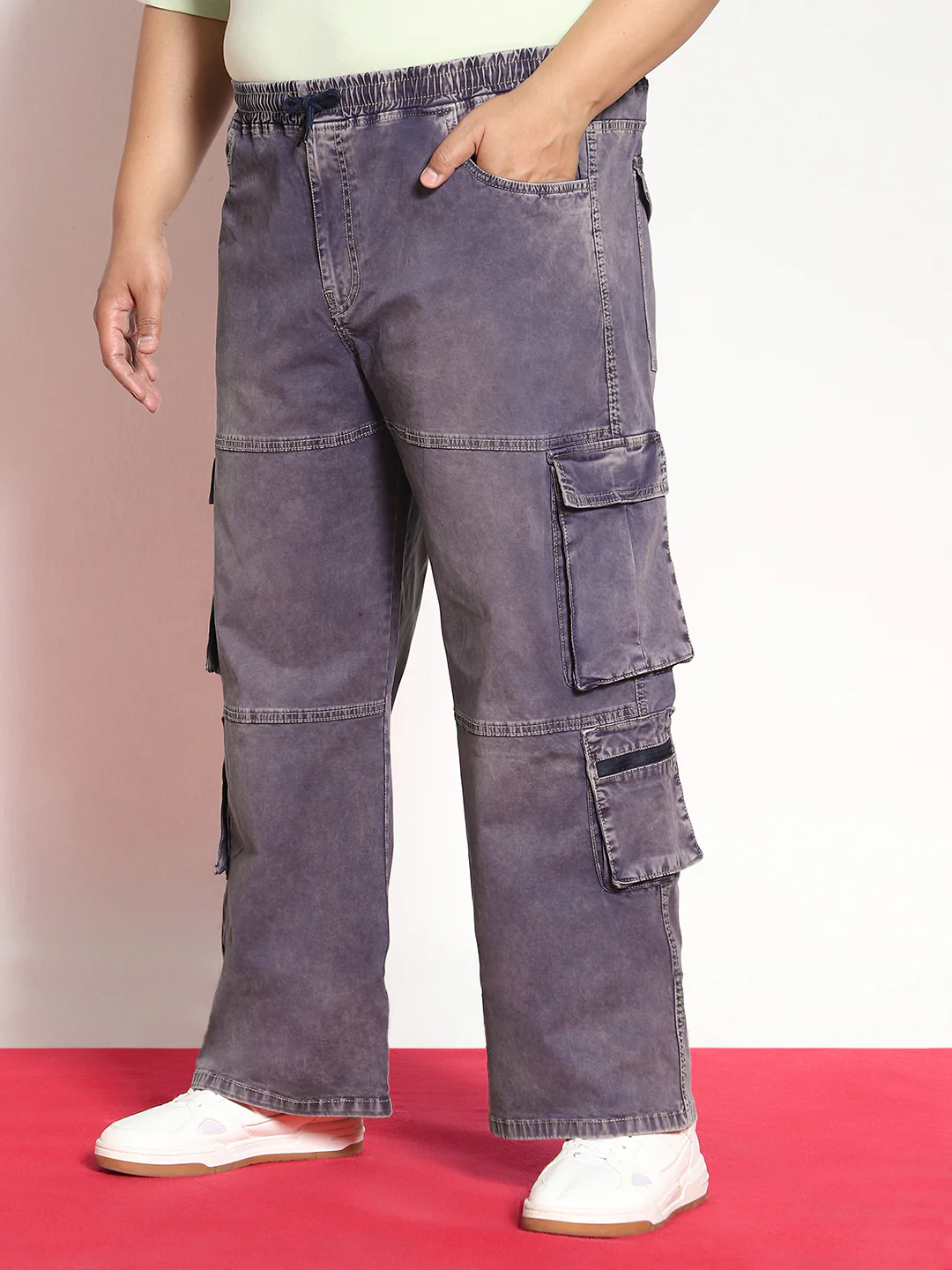 Plus Men's Dark Blue Loose Baggy Fit Travel Cargo Jeans With 8 Pockets Stretchable - Image 2