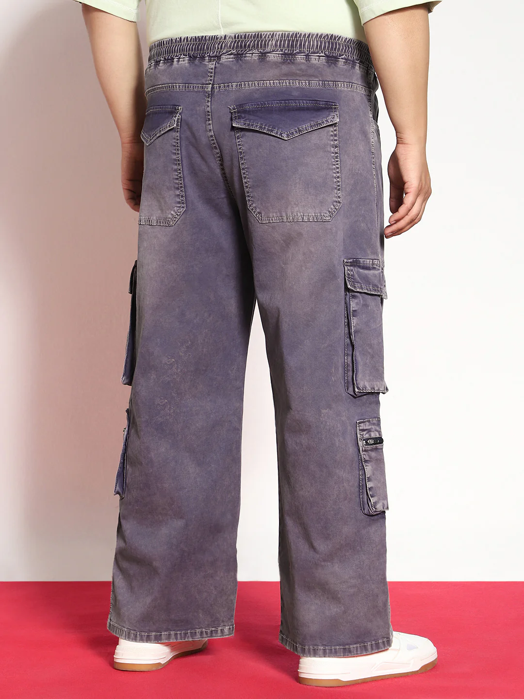 Plus Men's Dark Blue Loose Baggy Fit Travel Cargo Jeans With 8 Pockets Stretchable - Image 3