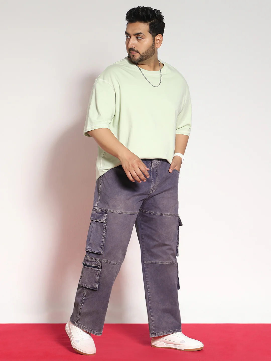 Plus Men's Dark Blue Loose Baggy Fit Travel Cargo Jeans With 8 Pockets Stretchable - Image 4