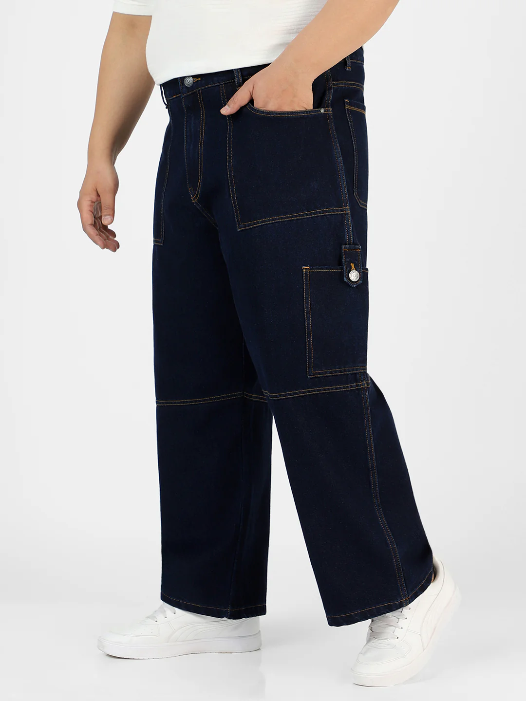 Plus Men's Dark Blue Loose Baggy Fit Washed Cargo Jeans with 6 Pockets Non-Stretchable - Image 2