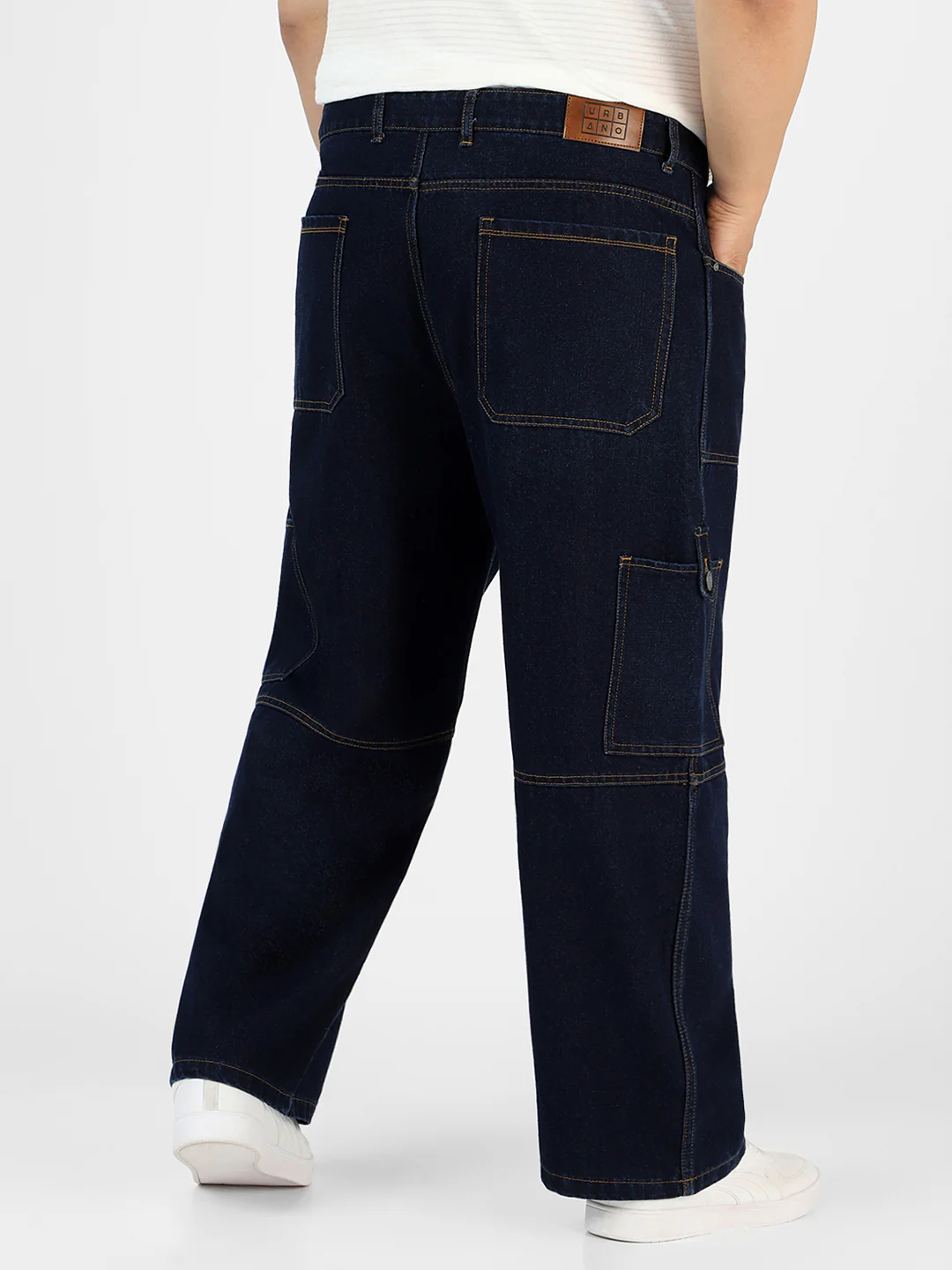 Plus Men's Dark Blue Loose Baggy Fit Washed Cargo Jeans with 6 Pockets Non-Stretchable - Image 3