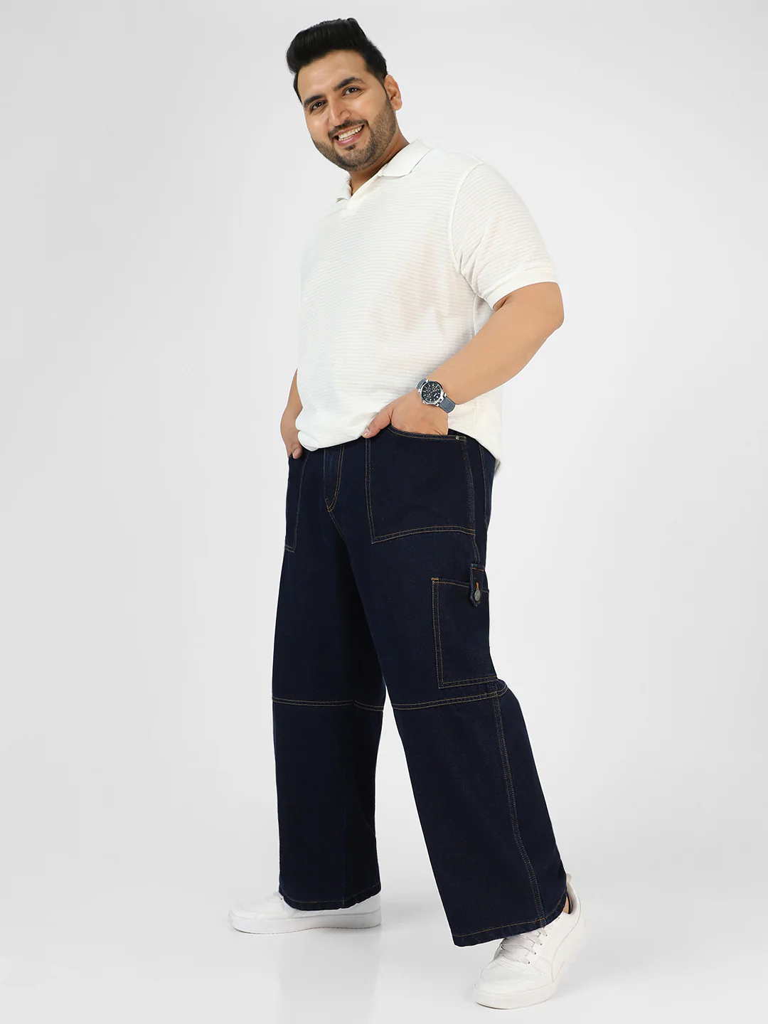 Plus Men's Dark Blue Loose Baggy Fit Washed Cargo Jeans with 6 Pockets Non-Stretchable - Image 4