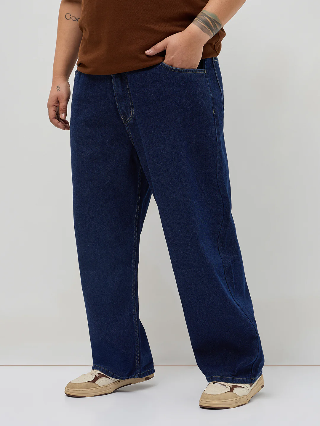 Plus Men's Dark Blue Loose Baggy Fit Raw Washed Denim Jeans Non-Stretchable - Image 2