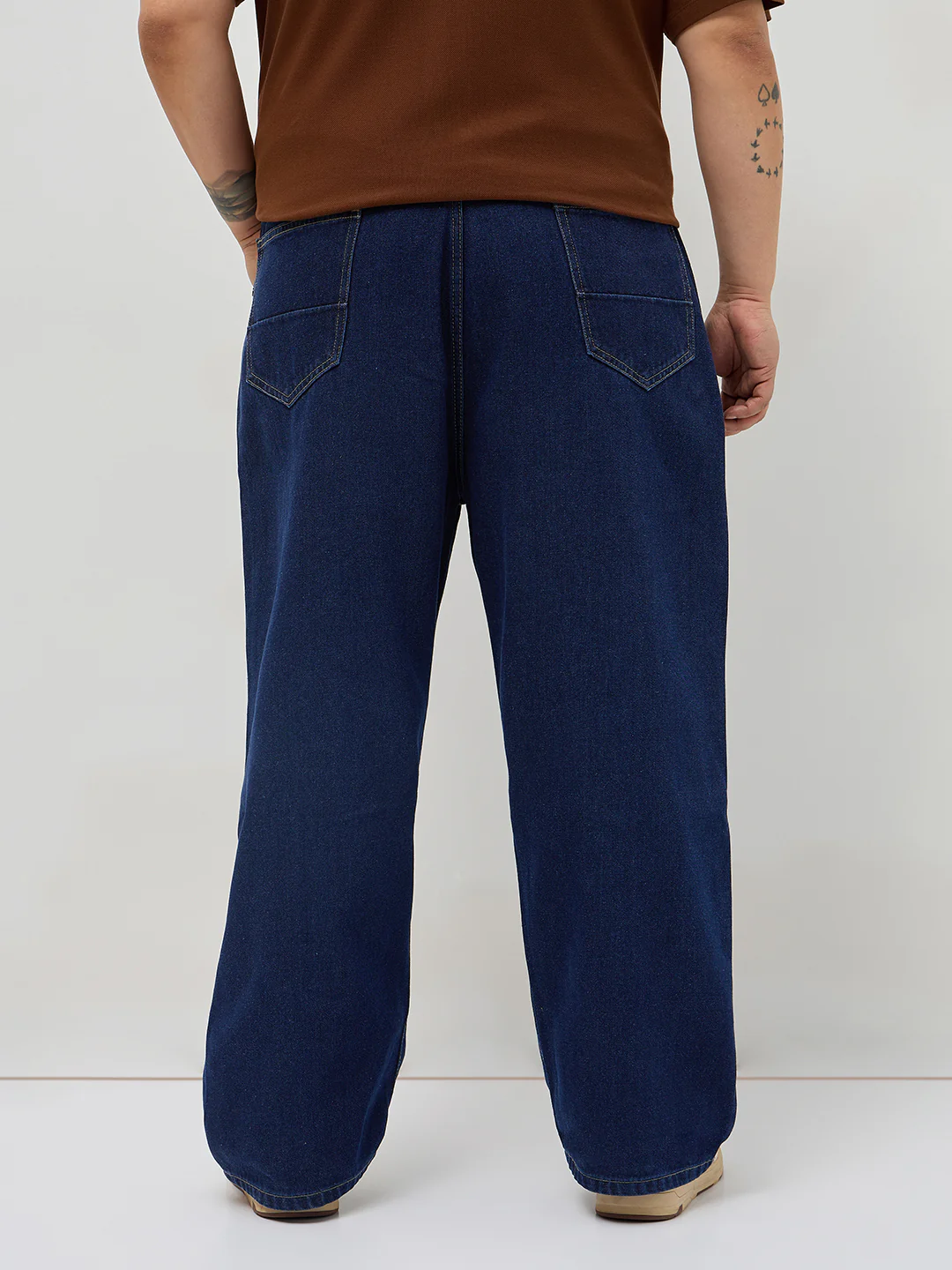 Plus Men's Dark Blue Loose Baggy Fit Raw Washed Denim Jeans Non-Stretchable - Image 3