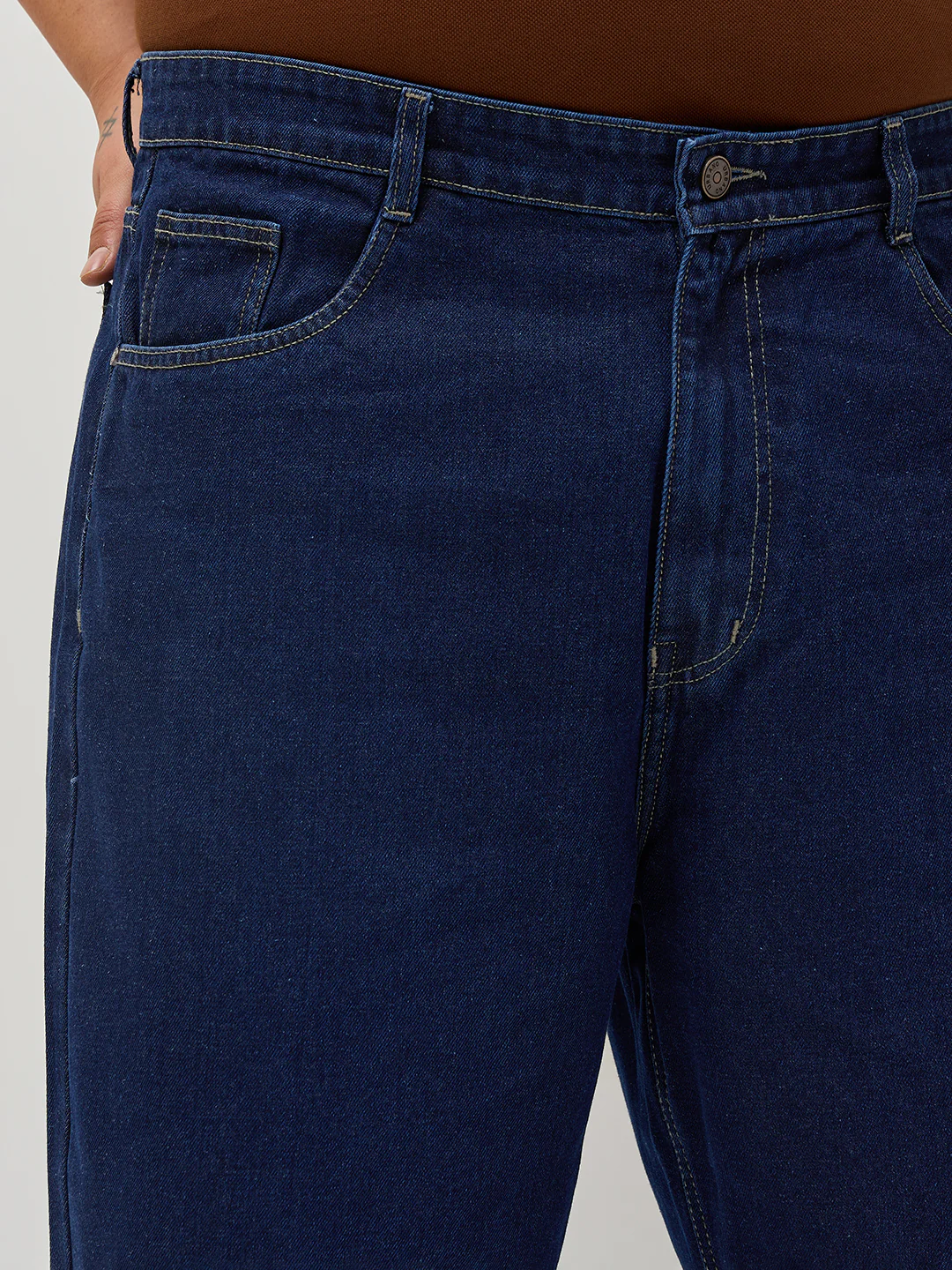 Plus Men's Dark Blue Loose Baggy Fit Raw Washed Denim Jeans Non-Stretchable - Image 5