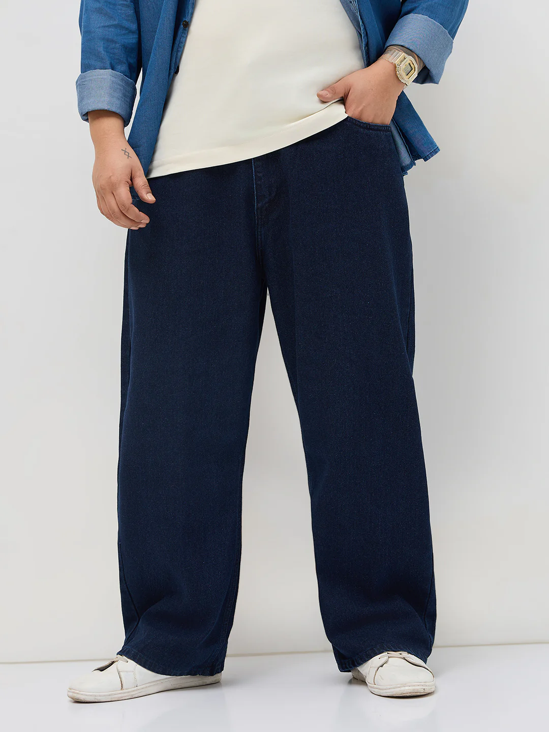 Plus Men's Dark Blue Loose Baggy Fit Raw Washed Denim Jeans Non-Stretchable