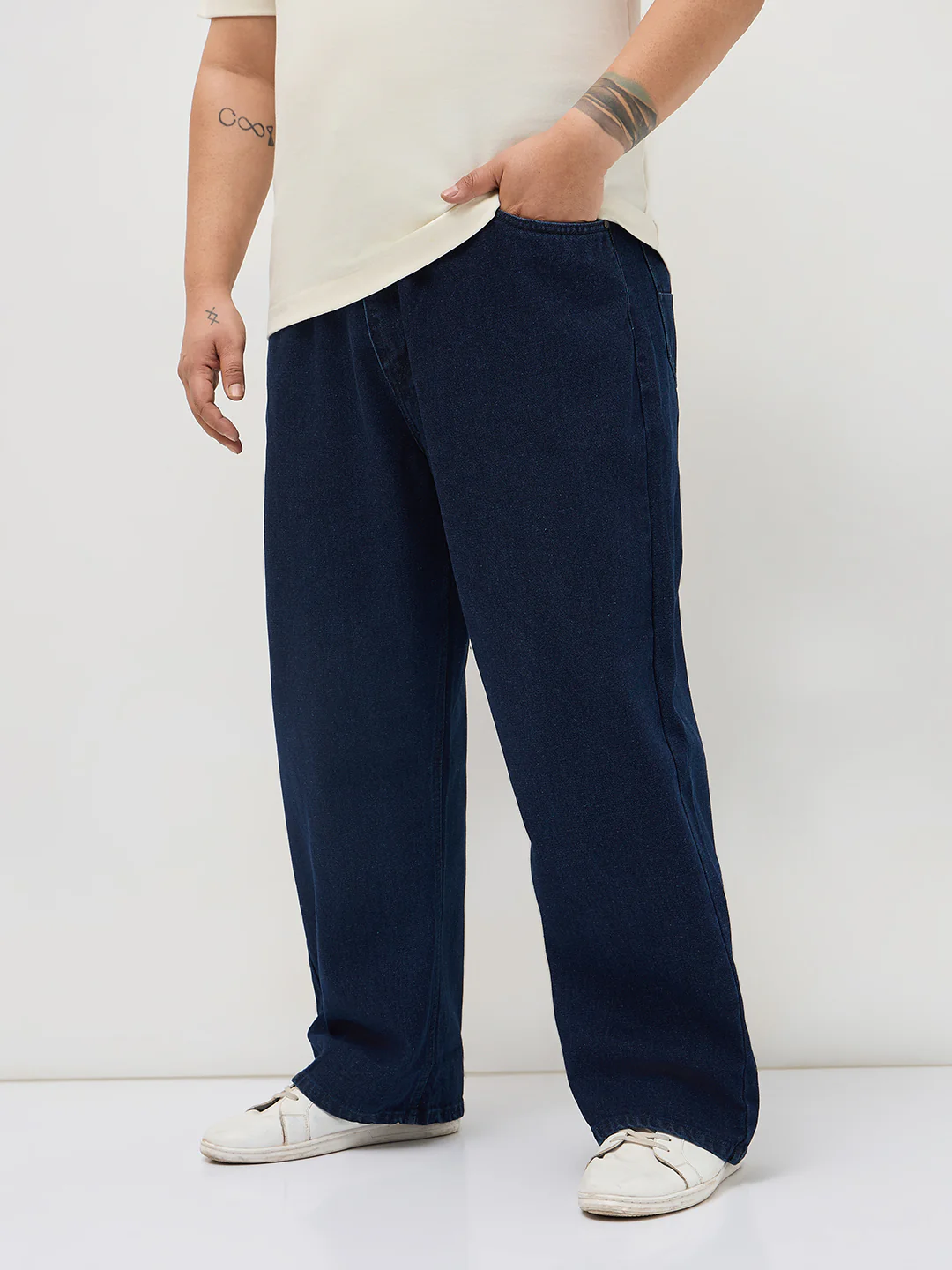 Plus Men's Dark Blue Loose Baggy Fit Raw Washed Denim Jeans Non-Stretchable - Image 2
