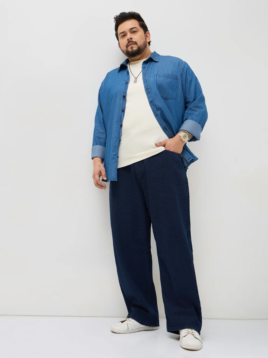 Plus Men's Dark Blue Loose Baggy Fit Raw Washed Denim Jeans Non-Stretchable - Image 4