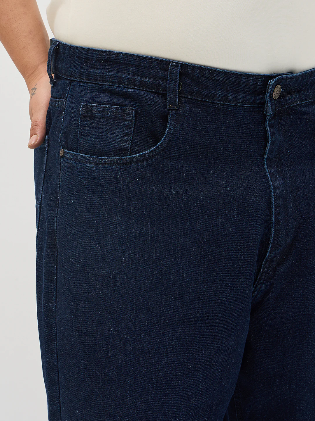 Plus Men's Dark Blue Loose Baggy Fit Raw Washed Denim Jeans Non-Stretchable - Image 5