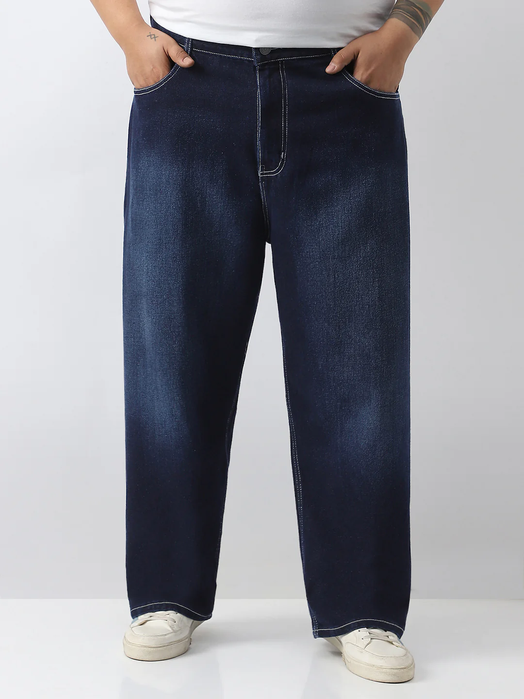 Plus Men's Dark Blue Loose Baggy Fit Washed Jeans Non-Stretchable - Image 2