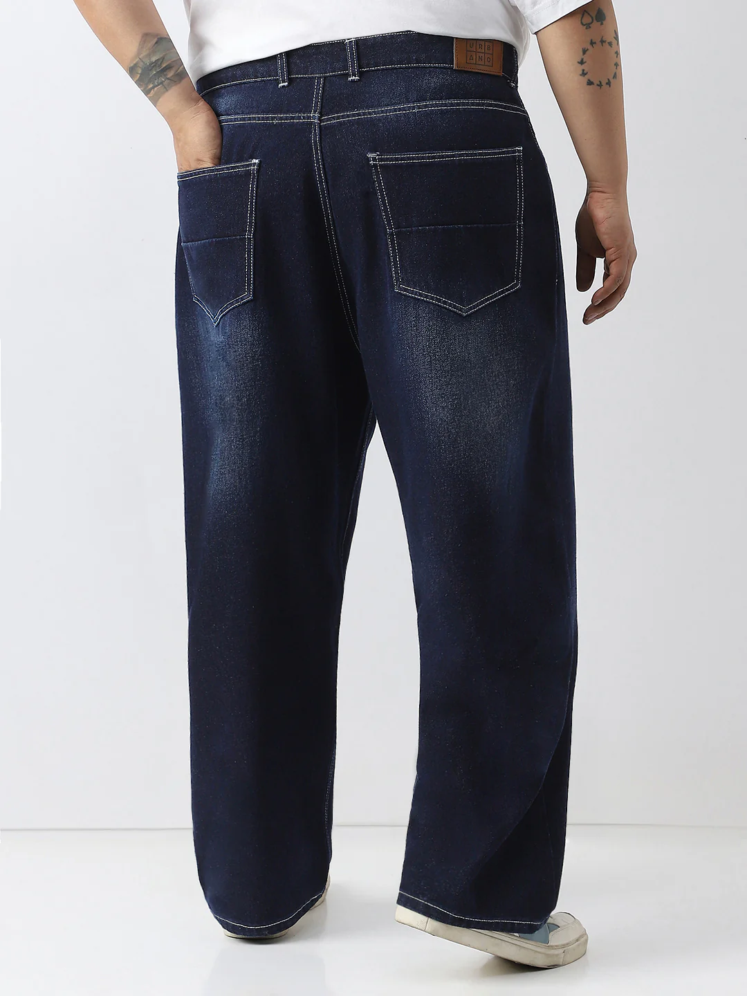 Plus Men's Dark Blue Loose Baggy Fit Washed Jeans Non-Stretchable - Image 3