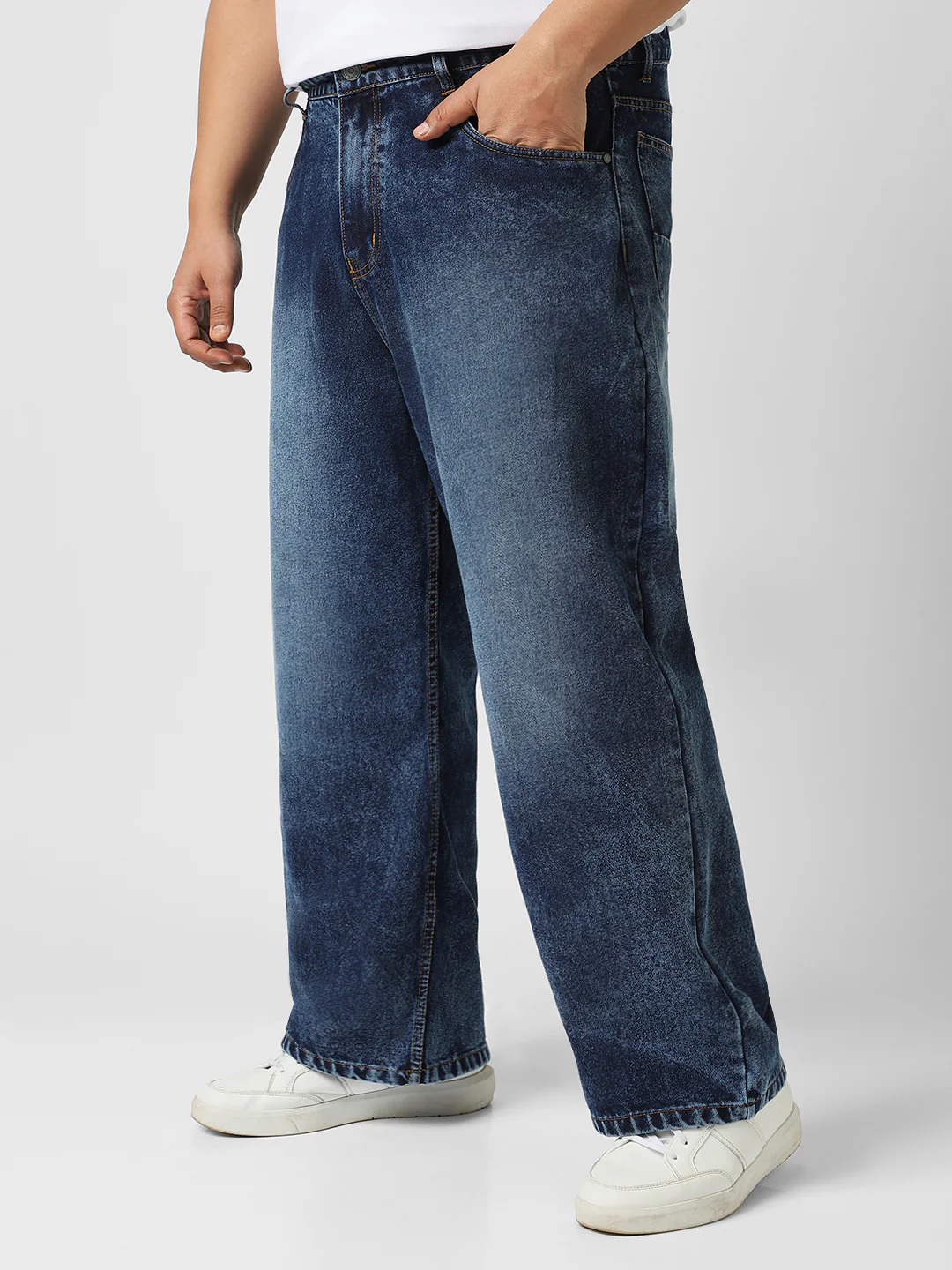 Plus Men's Dark Blue Loose Baggy Fit Washed Jeans Non-Stretchable - Image 2