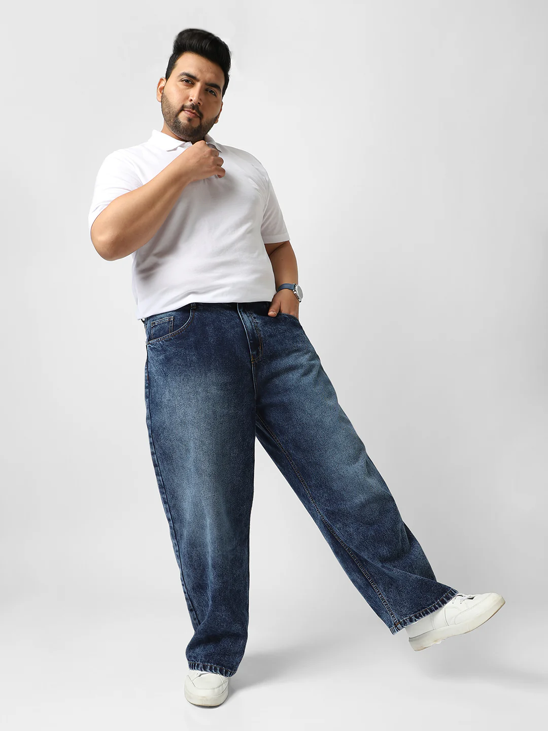 Plus Men's Dark Blue Loose Baggy Fit Washed Jeans Non-Stretchable - Image 4