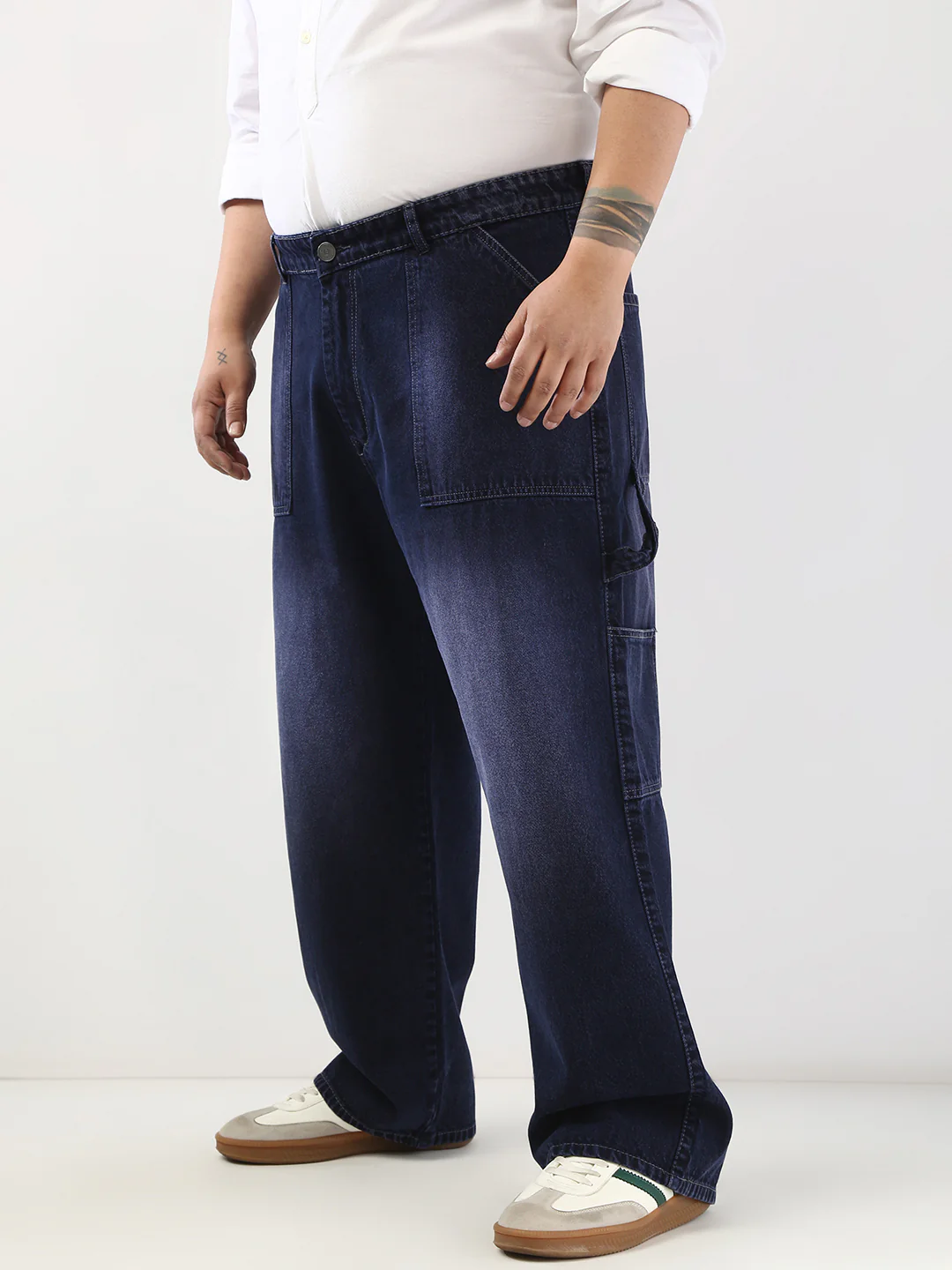 Plus Men's Dark Blue Loose Fit Cargo Carpenter Jeans With 6 Pockets Non-Stretchable - Image 2