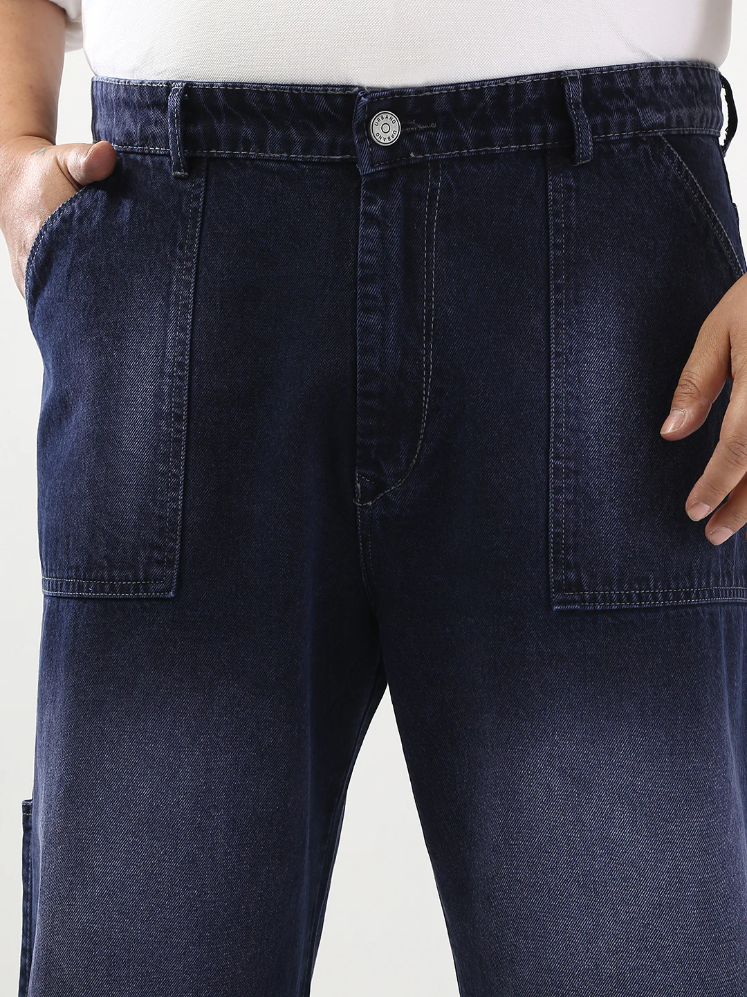 Plus Men's Dark Blue Loose Fit Cargo Carpenter Jeans With 6 Pockets Non-Stretchable - Image 5