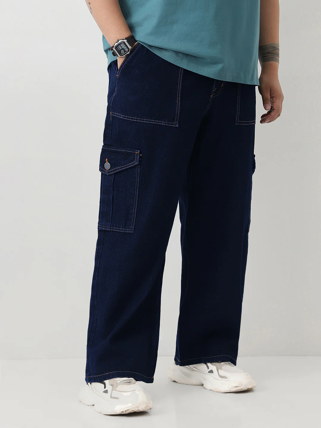 Plus Men's Dark Blue Loose Fit Cargo Jeans with 6 Pockets Non-Stretchable - Image 2