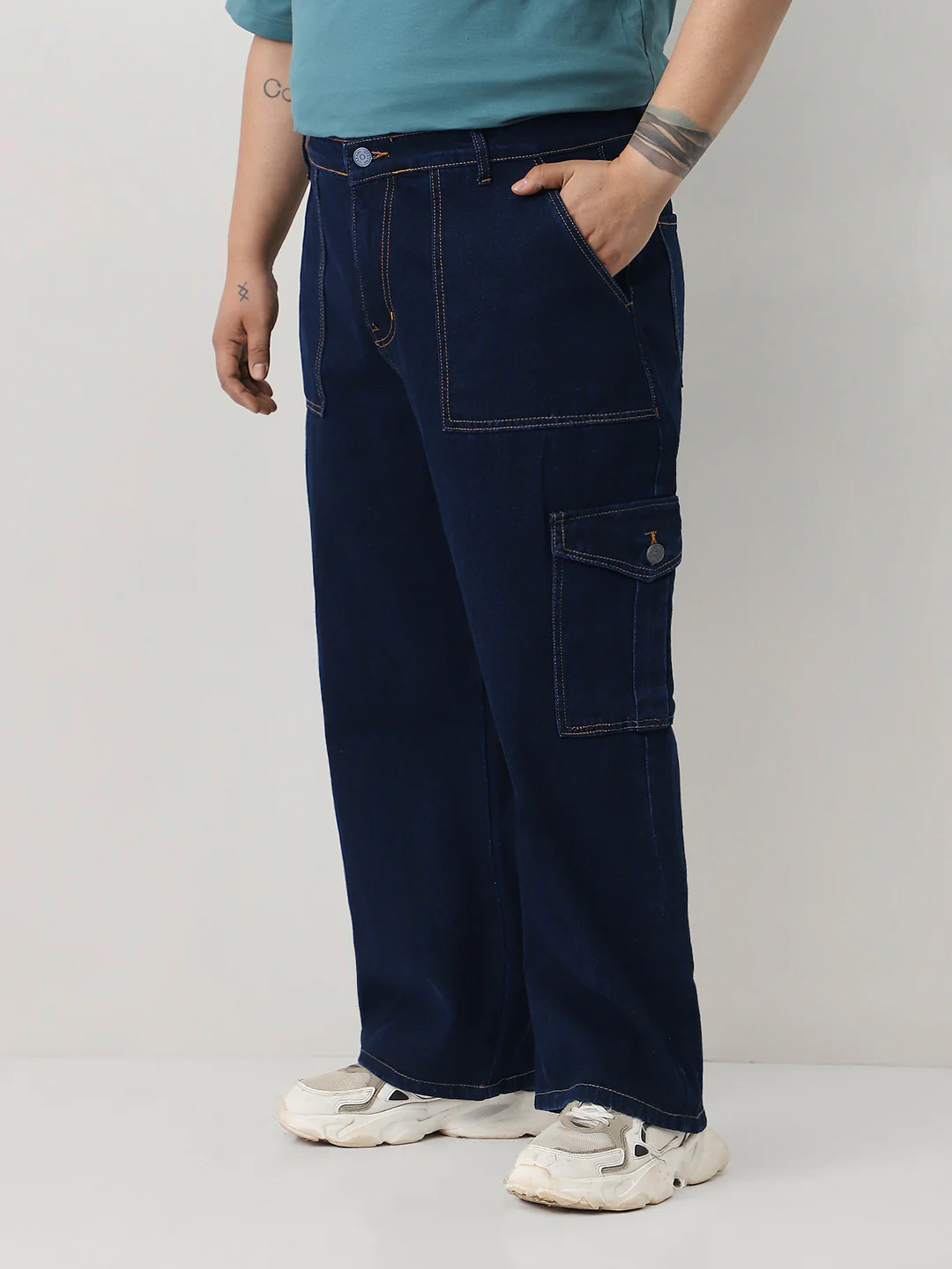 Plus Men's Dark Blue Loose Fit Cargo Jeans with 6 Pockets Non-Stretchable - Image 3