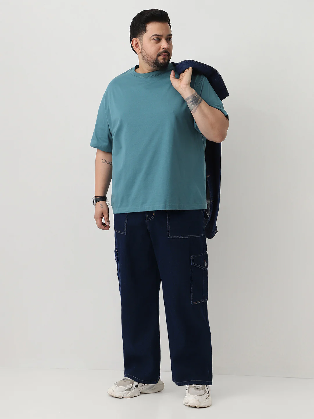 Plus Men's Dark Blue Loose Fit Cargo Jeans with 6 Pockets Non-Stretchable - Image 5