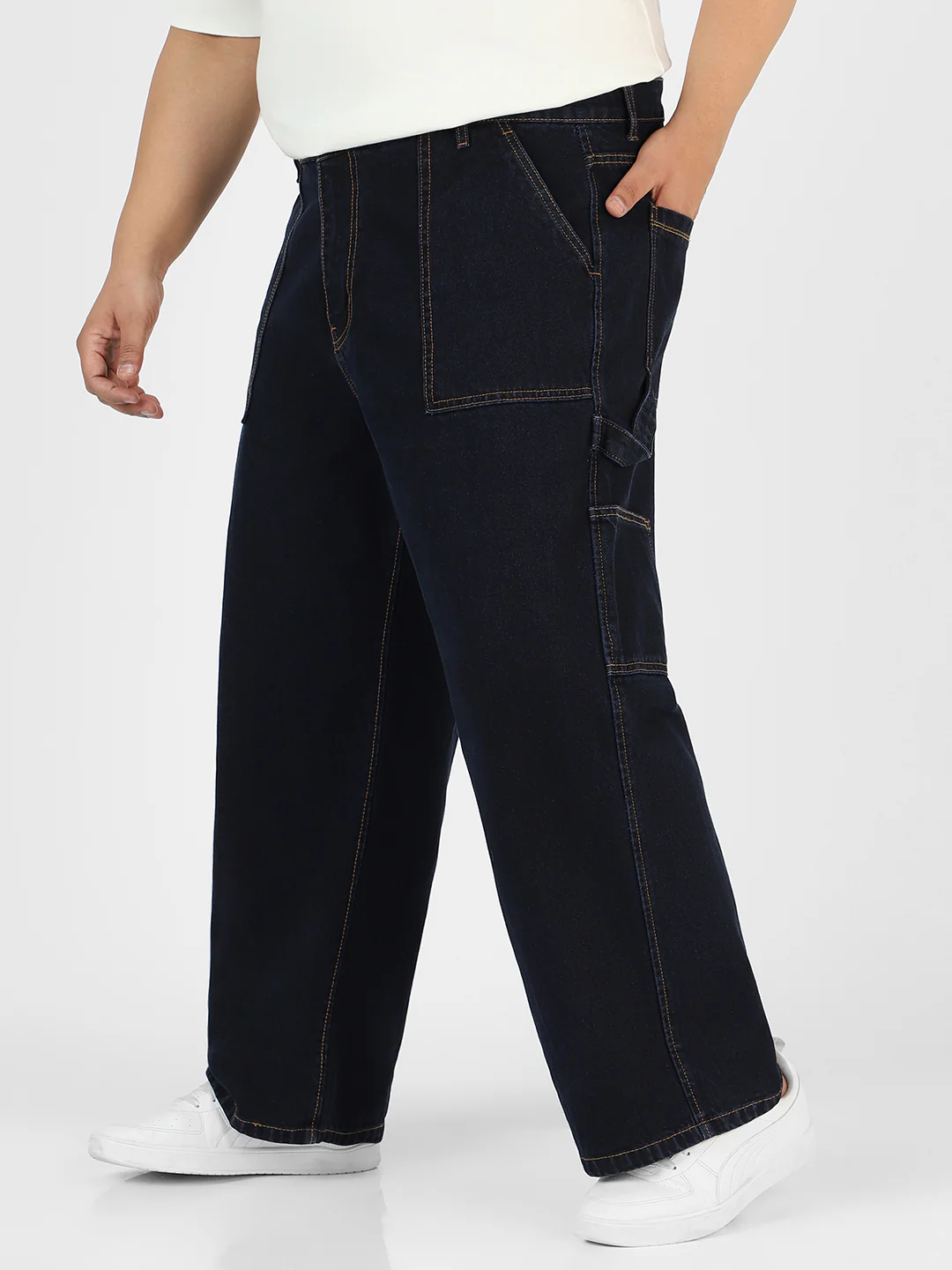 Plus Men's Dark Blue Loose Fit Cargo Carpenter Jeans With 6 Pockets Non-Stretchable - Image 2