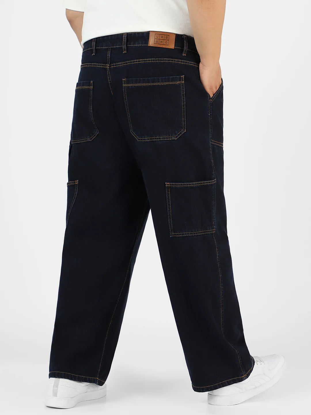 Plus Men's Dark Blue Loose Fit Cargo Carpenter Jeans With 6 Pockets Non-Stretchable - Image 3