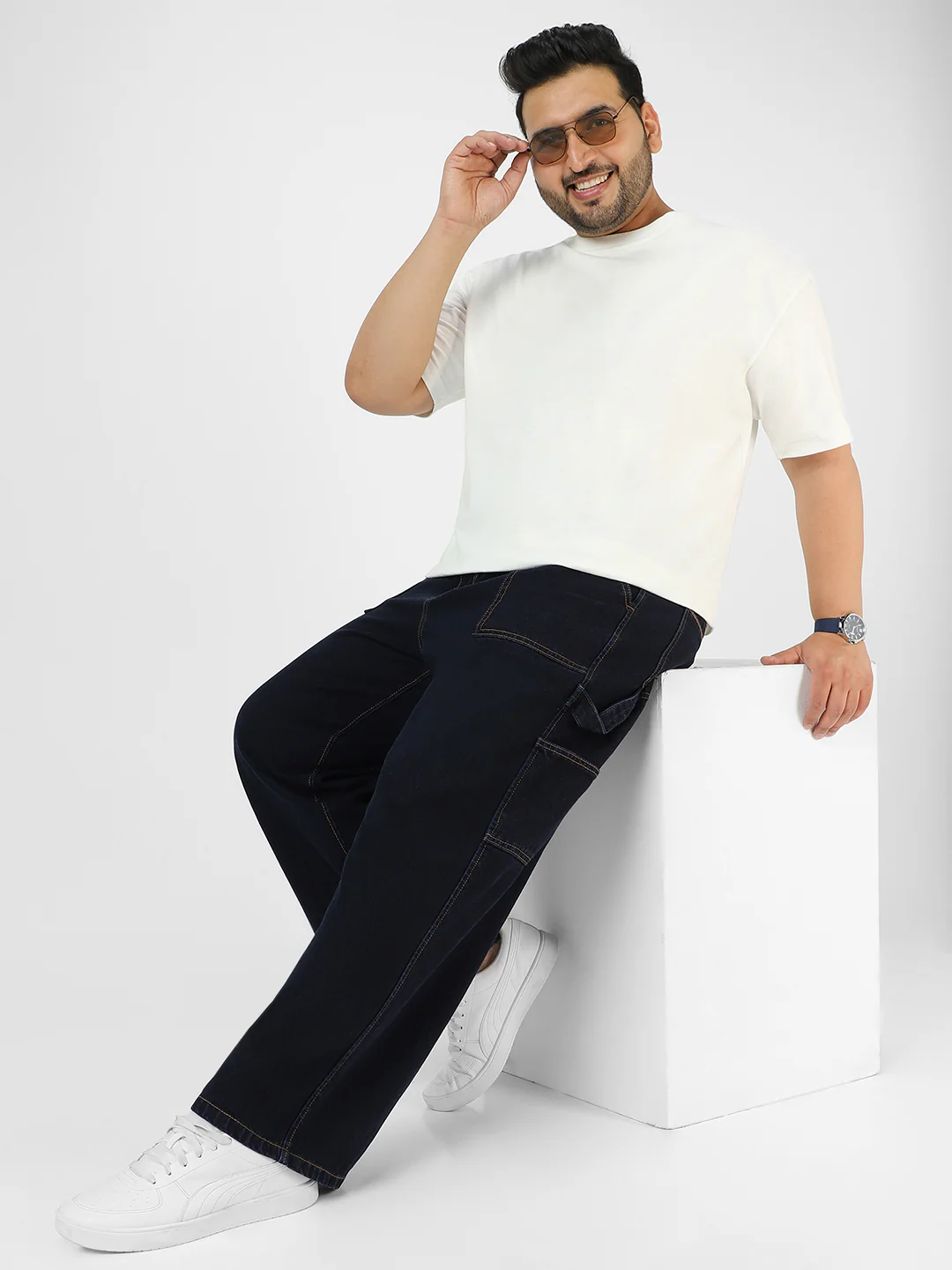 Plus Men's Dark Blue Loose Fit Cargo Carpenter Jeans With 6 Pockets Non-Stretchable - Image 4