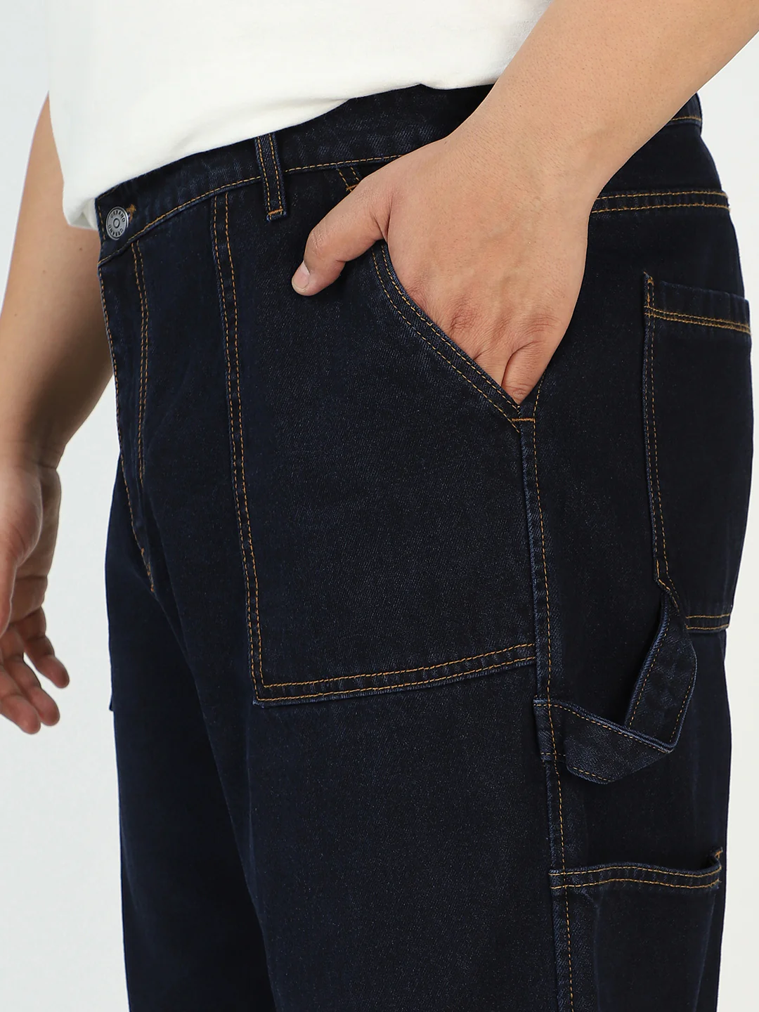 Plus Men's Dark Blue Loose Fit Cargo Carpenter Jeans With 6 Pockets Non-Stretchable - Image 5