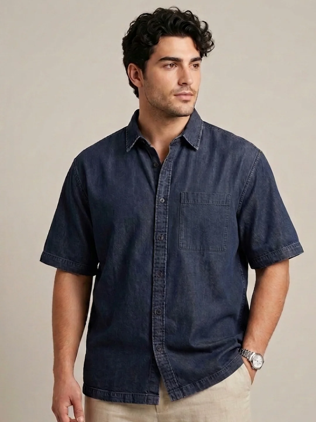 Plus Men's Dark Blue Oversized Fit Half Sleeve Solid Casual Denim Shirt