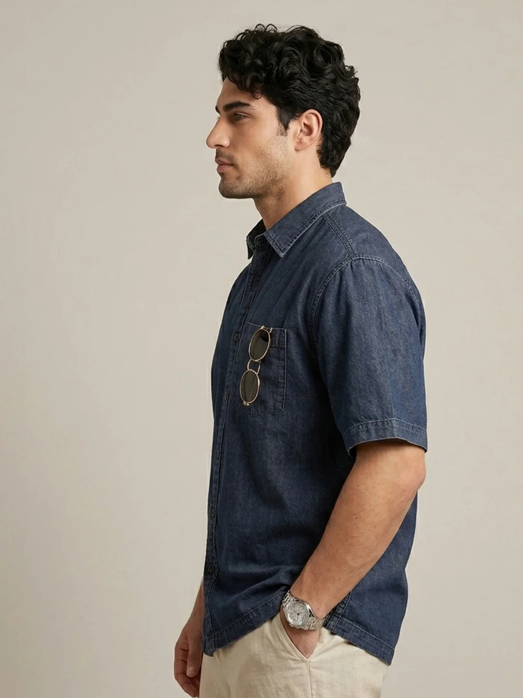Plus Men's Dark Blue Oversized Fit Half Sleeve Solid Casual Denim Shirt - Image 2