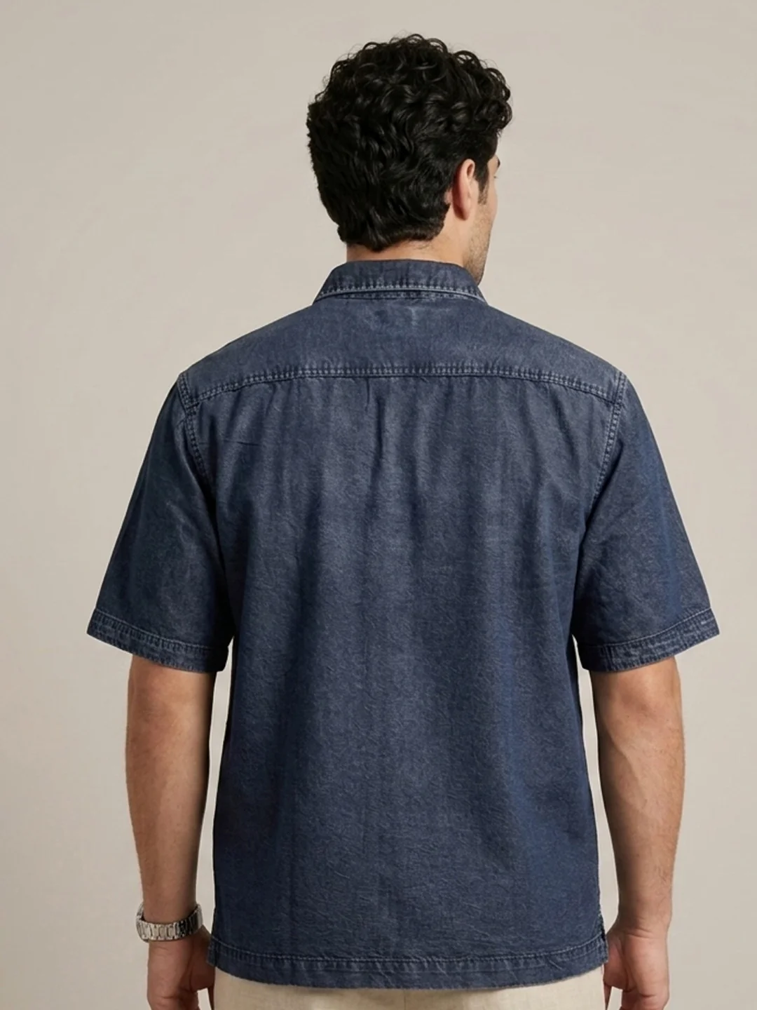Plus Men's Dark Blue Oversized Fit Half Sleeve Solid Casual Denim Shirt - Image 3