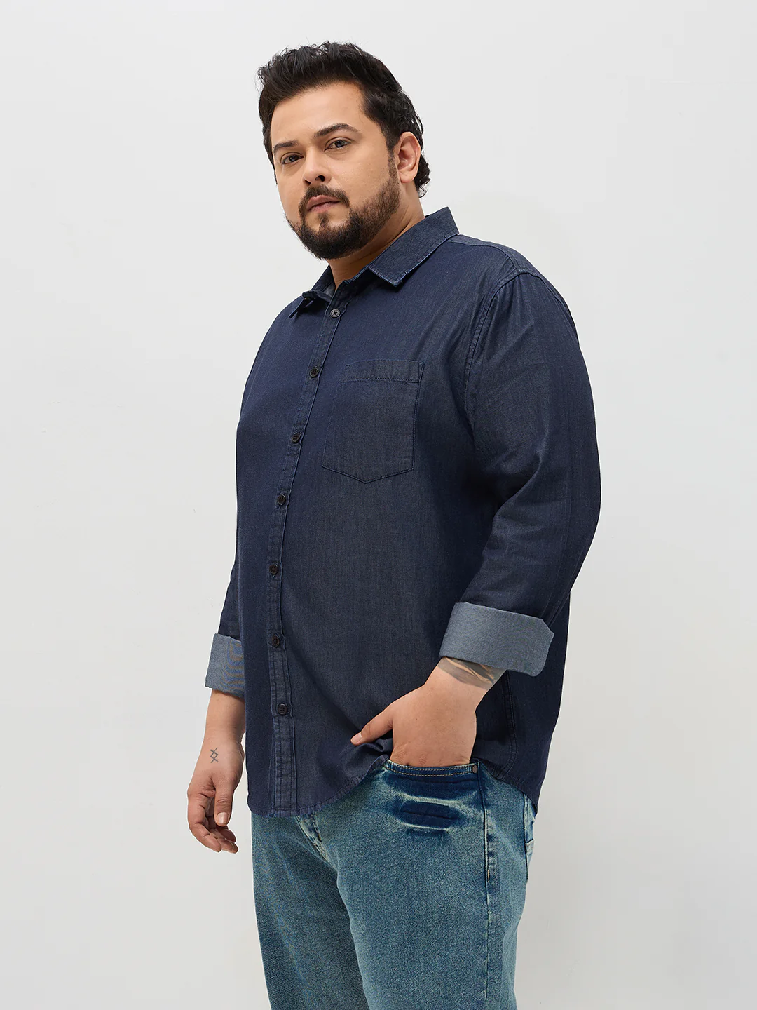 Plus Men's Dark Blue Regular Fit Full Sleeve Solid Denim Shirt - Image 2