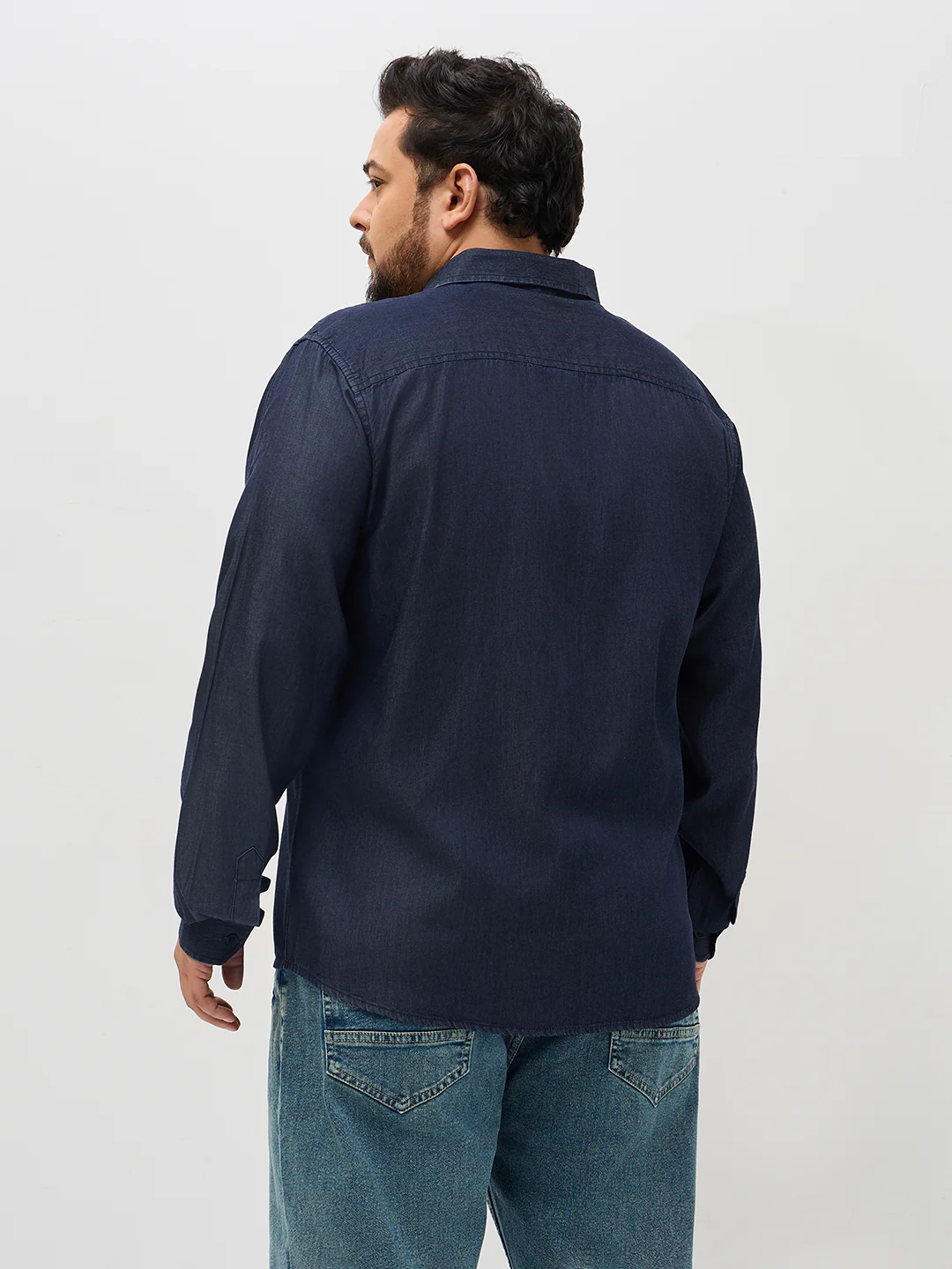 Plus Men's Dark Blue Regular Fit Full Sleeve Solid Denim Shirt - Image 3