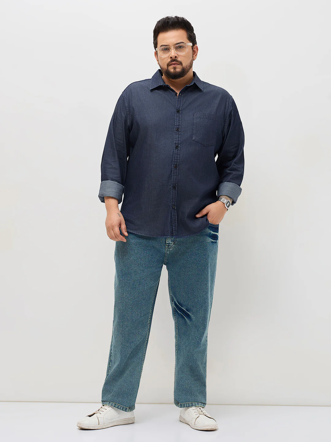 Plus Men's Dark Blue Regular Fit Full Sleeve Solid Denim Shirt - Image 4