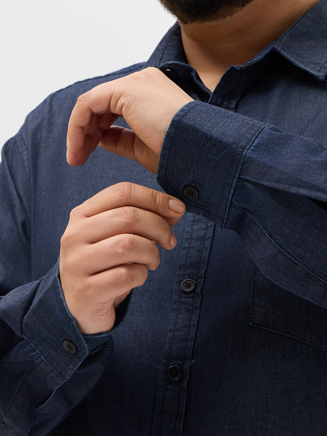Plus Men's Dark Blue Regular Fit Full Sleeve Solid Denim Shirt - Image 6