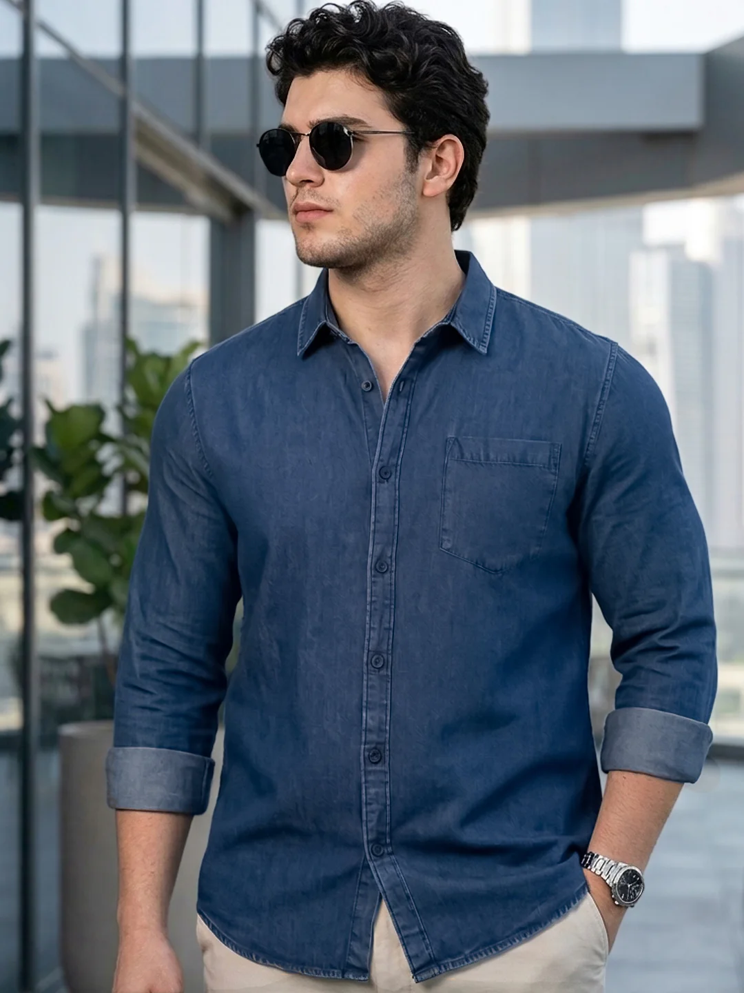 Plus Men's Dark Blue Regular Fit Full Sleeve Washed Denim Shirt