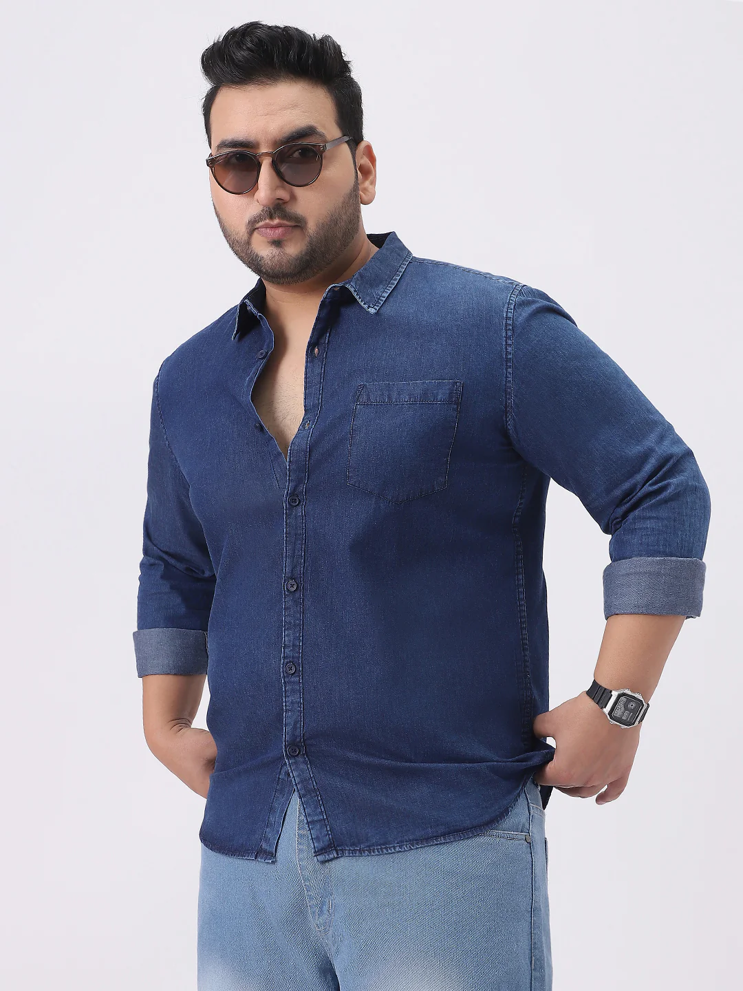 Plus Men's Dark Blue Regular Fit Full Sleeve Washed Denim Shirt - Image 2