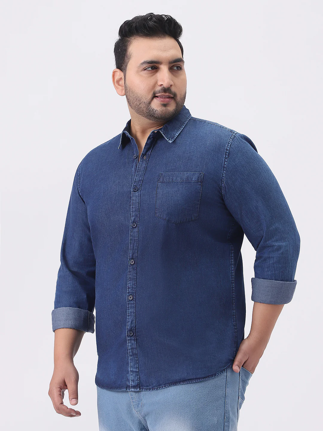 Plus Men's Dark Blue Regular Fit Full Sleeve Washed Denim Shirt - Image 3