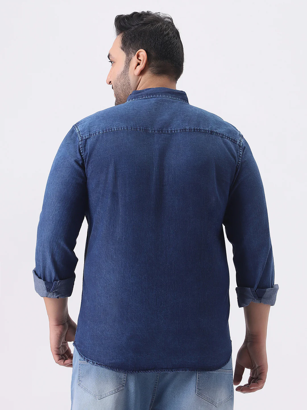 Plus Men's Dark Blue Regular Fit Full Sleeve Washed Denim Shirt - Image 4