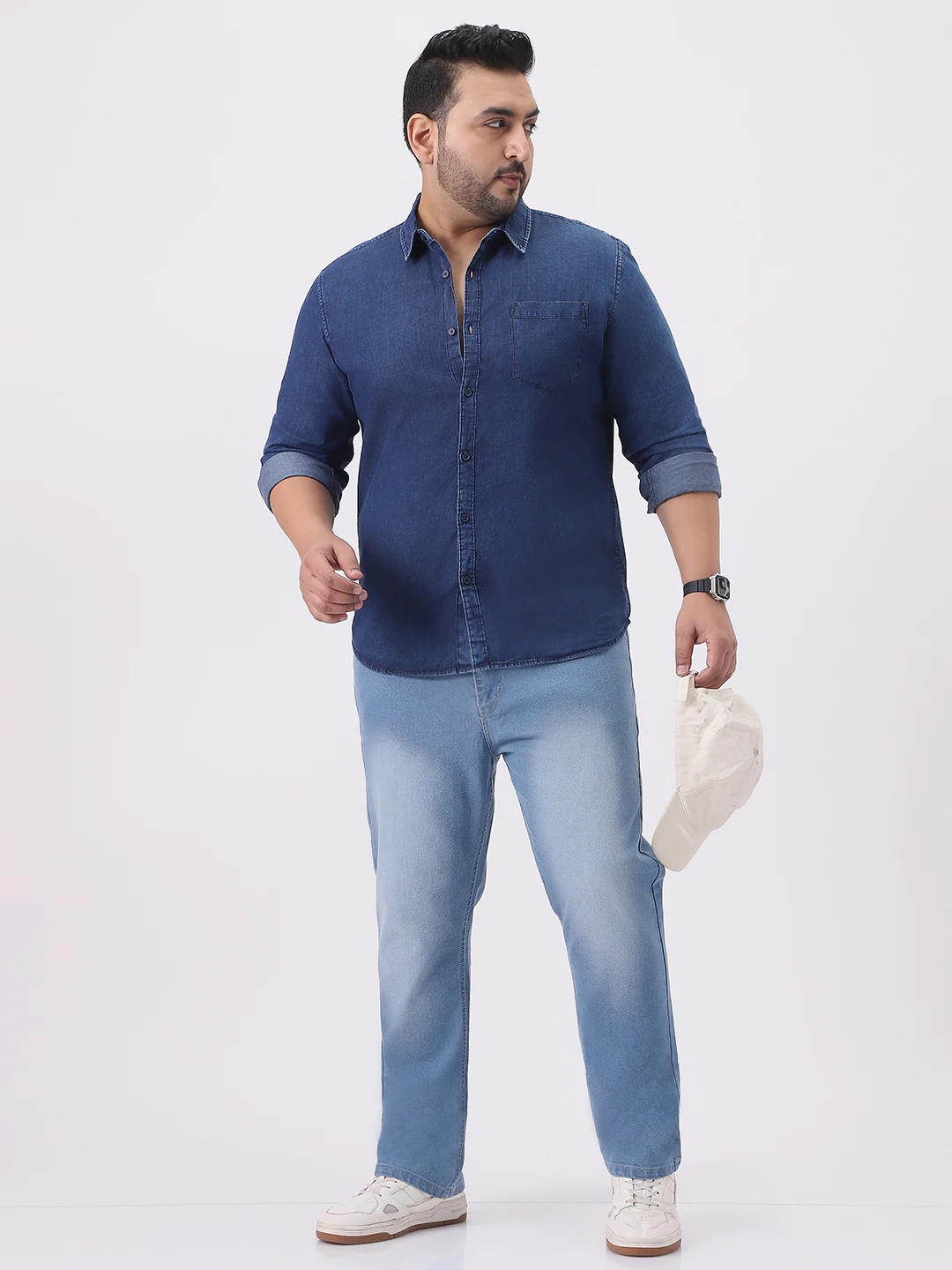 Plus Men's Dark Blue Regular Fit Full Sleeve Washed Denim Shirt - Image 5