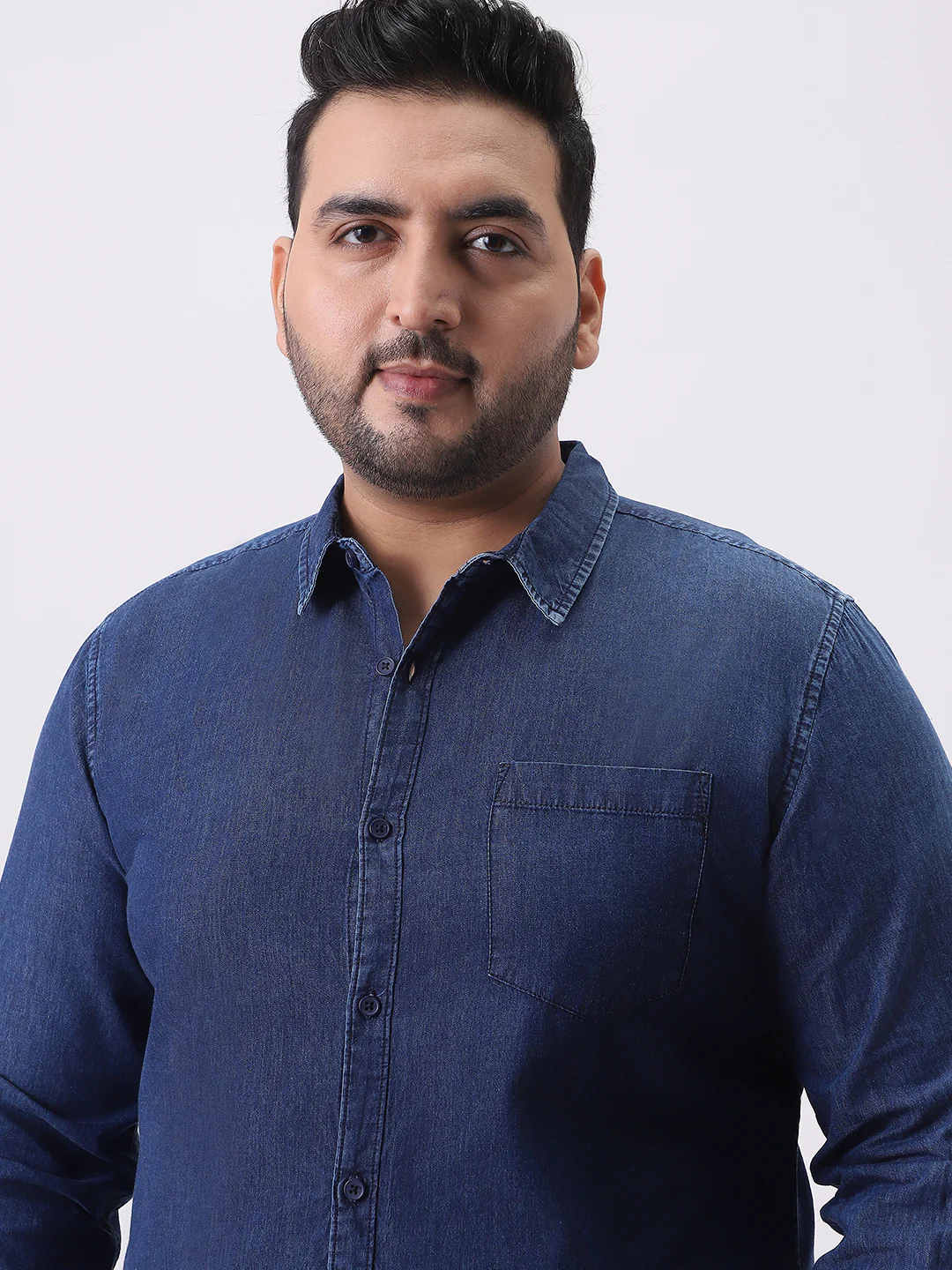 Plus Men's Dark Blue Regular Fit Full Sleeve Washed Denim Shirt - Image 6